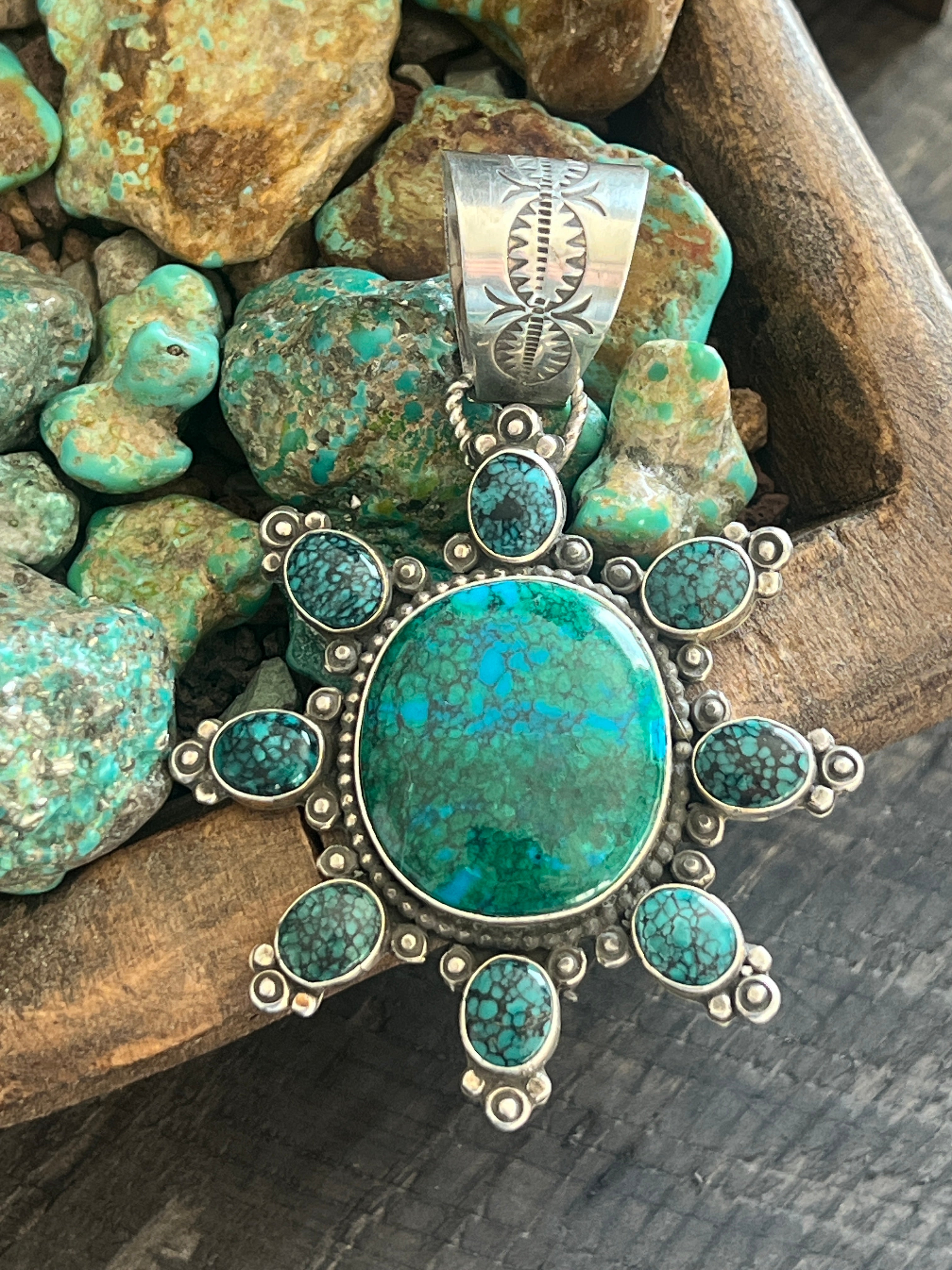 Apache Made Sterling Silver, Hubei Turquoise & Chrysocolla Cluster Pendant by Rosella Paxson