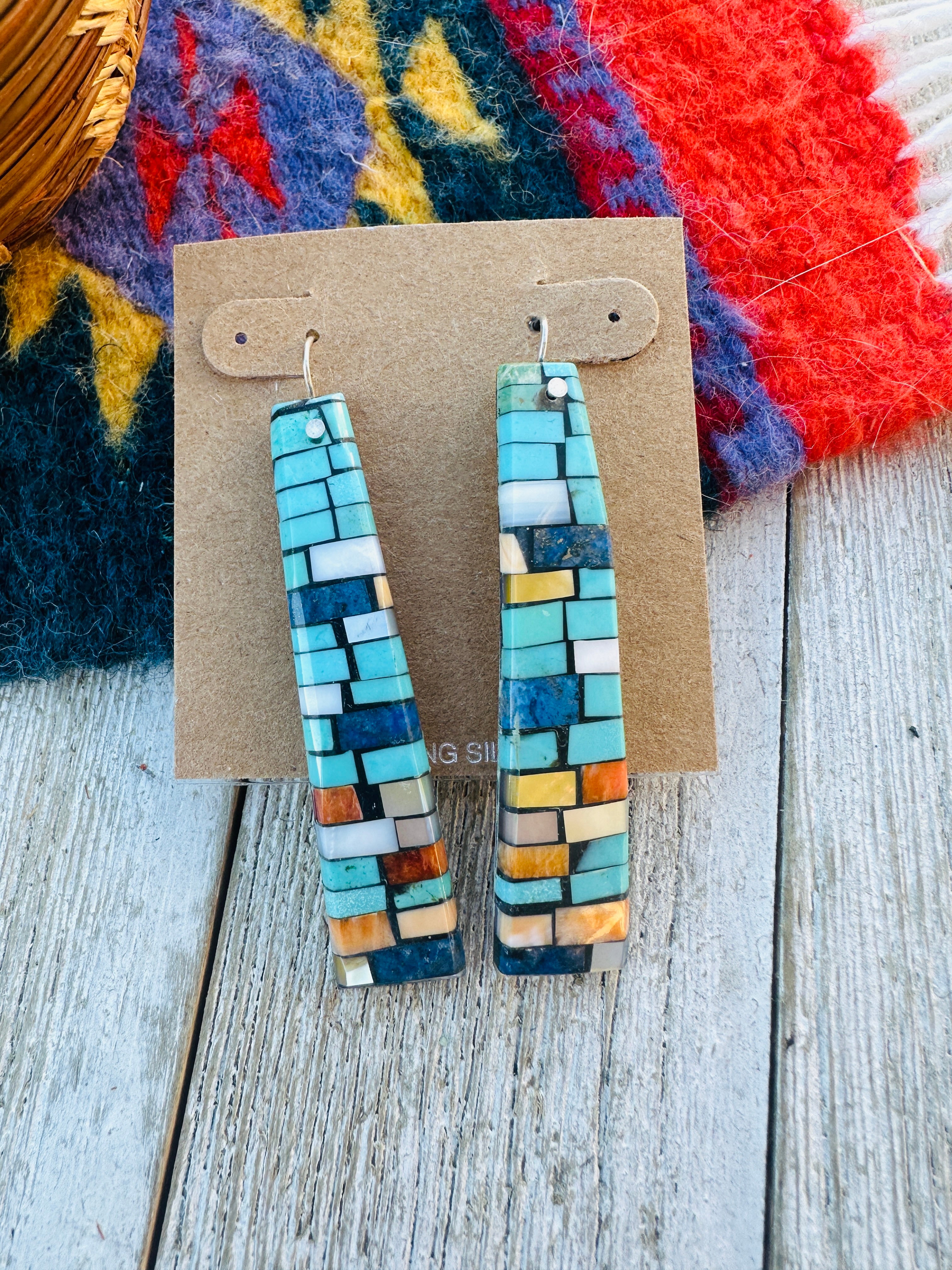 Handcrafted Multi Stone Inlay Shell Dangle Earrings