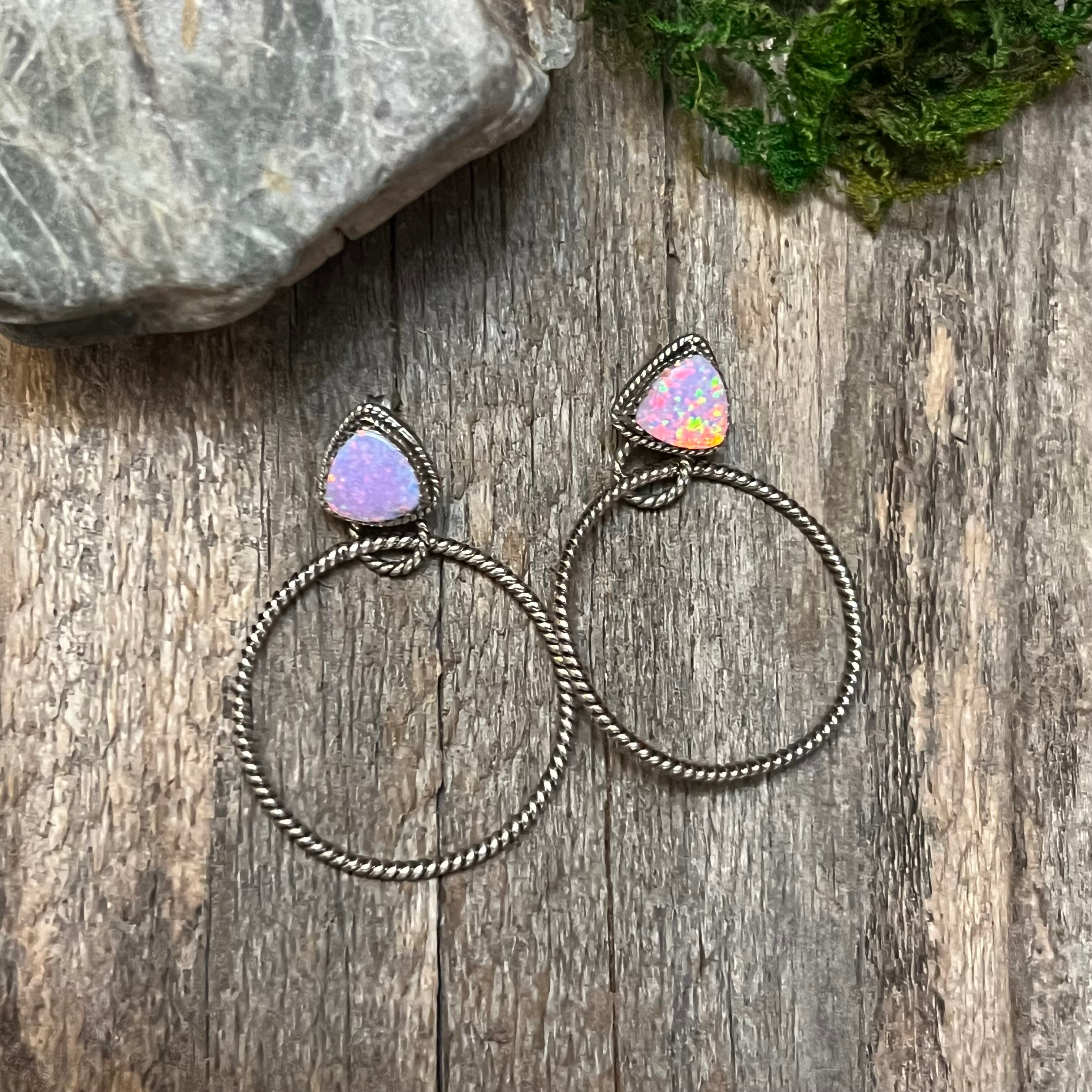 Handmade Pink Speckled Opal & Sterling Silver Hoop Earrings
