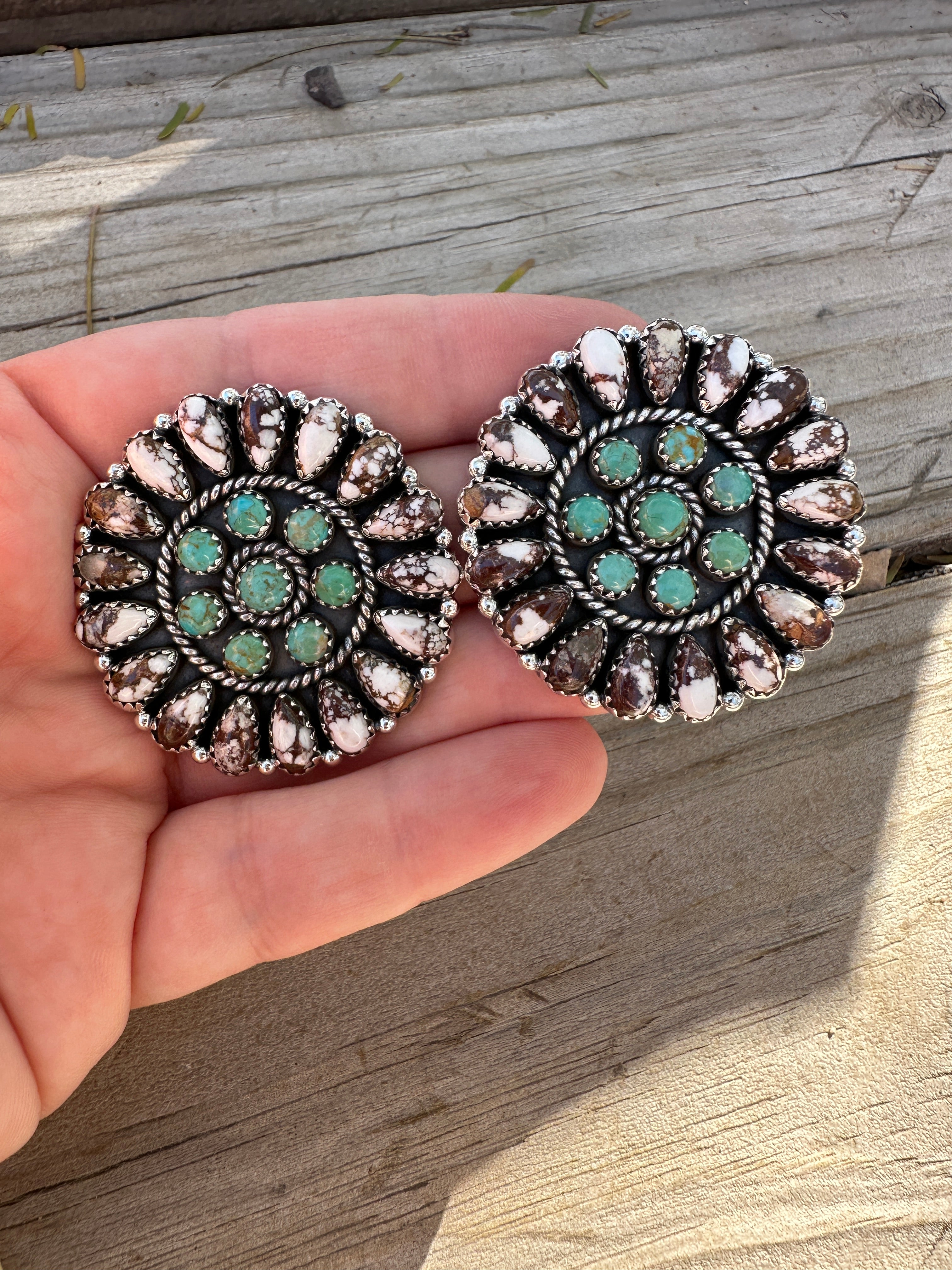 Handmade Sterling Silver, Wild Horse & Turquoise Post Cluster Earrings Signed Nizhoni