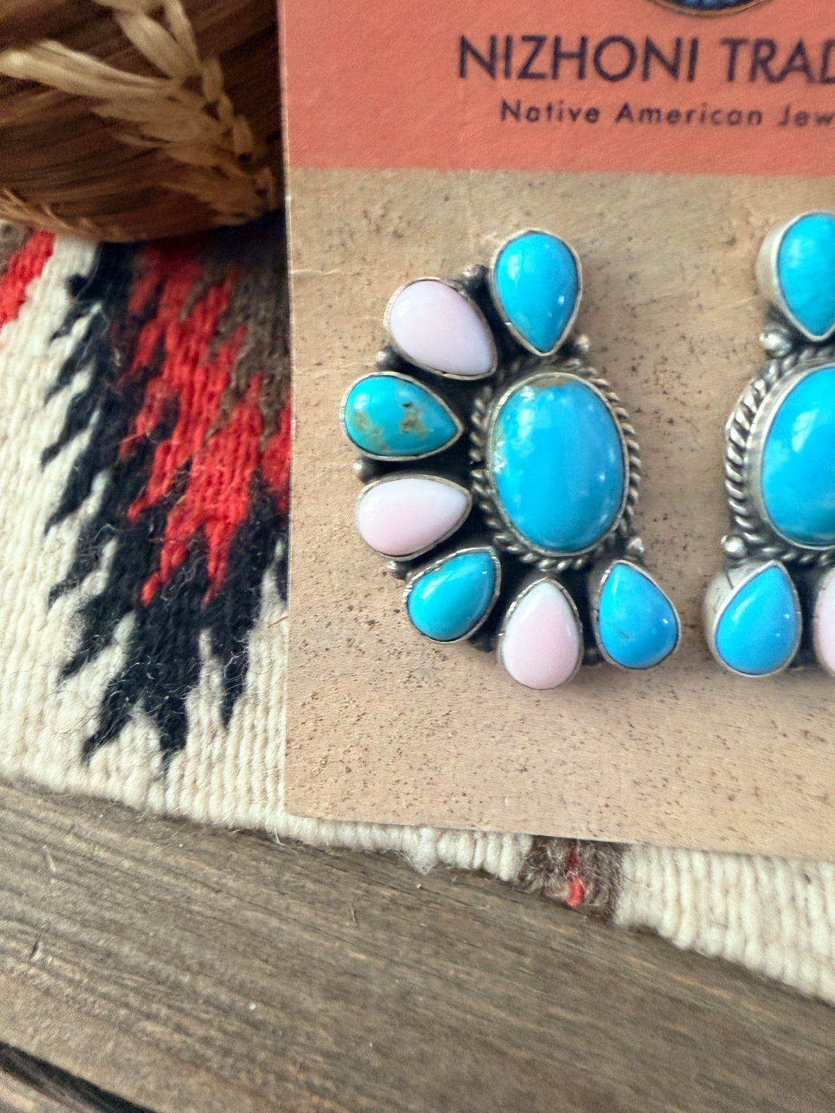 Handcrafted Turquoise, Queen Pink Conch & Sterling Silver Cluster Post Earrings by Geraldine James