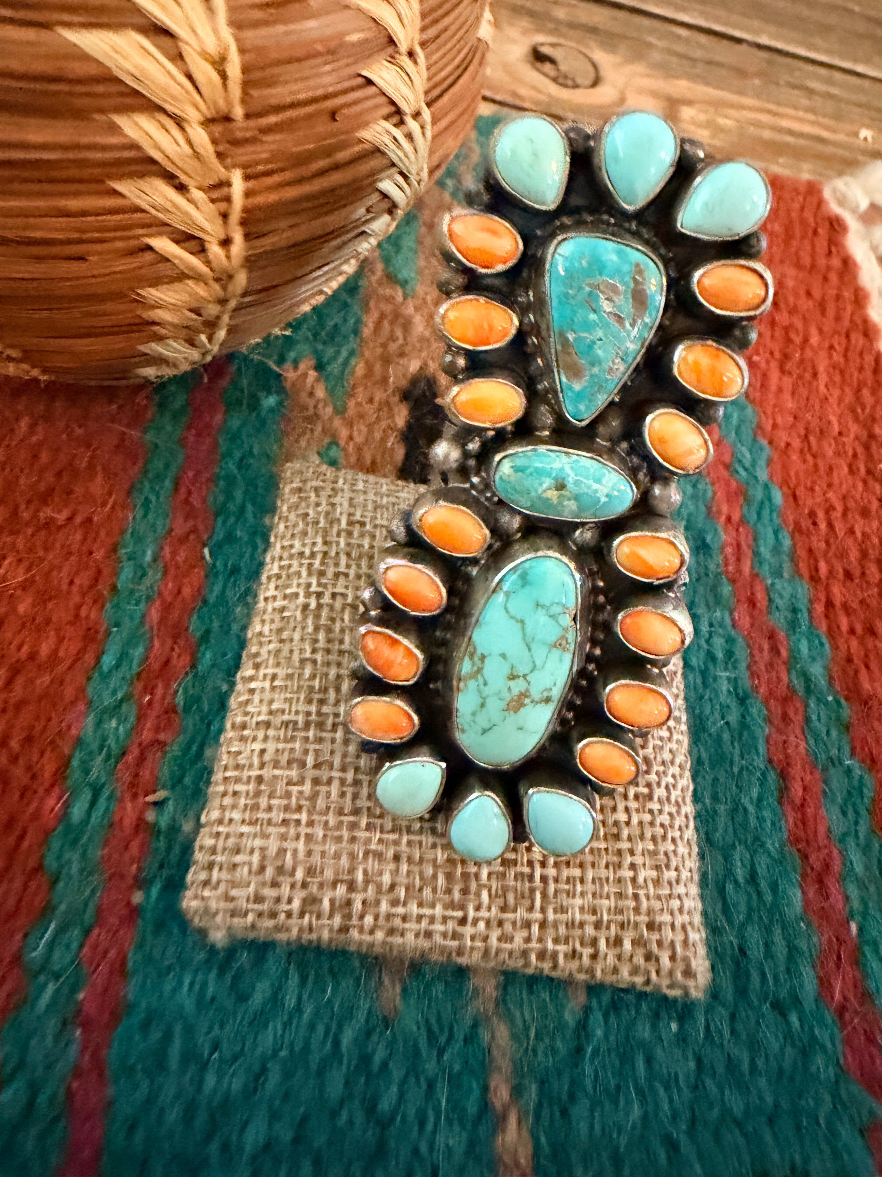 Handcrafted Spiny Oyster, Turquoise & Sterling Silver Cluster Ring by Sheila Becenti Size 7.5