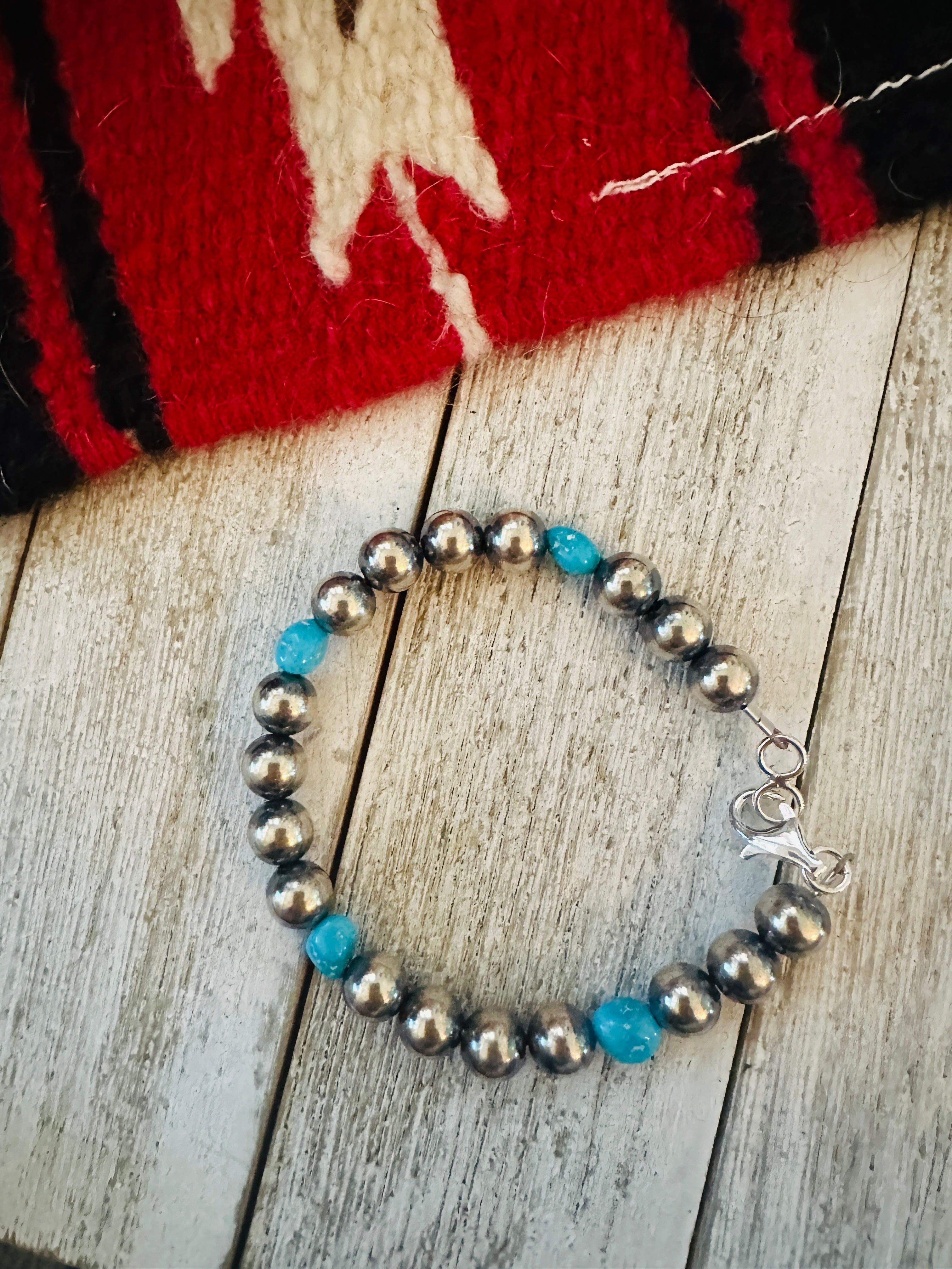 Handcrafted Turquoise & Sterling Silver Pearl Beaded Bracelet