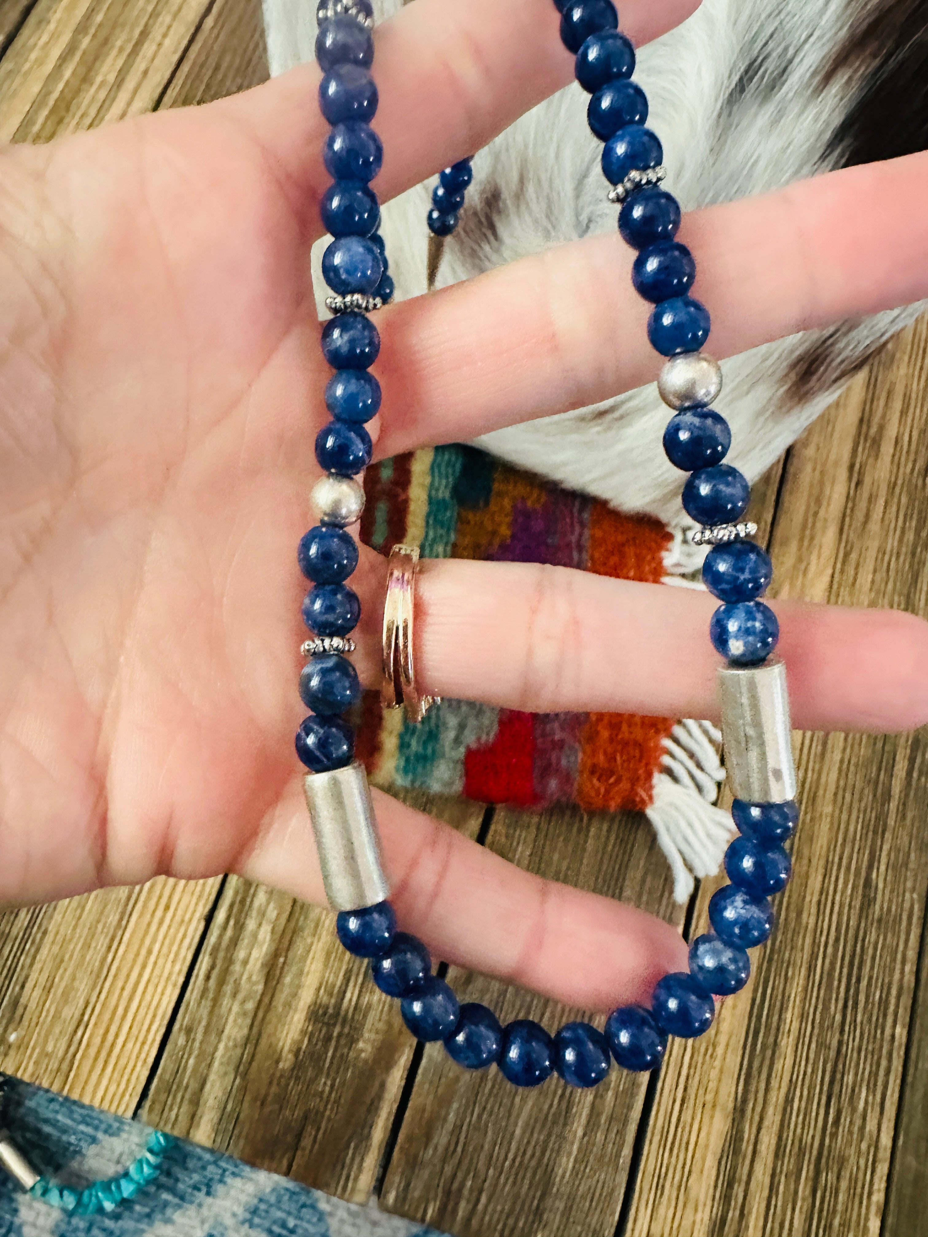 Handcrafted Lapis & Sterling Silver Beaded 18” Necklace by T & R Singer