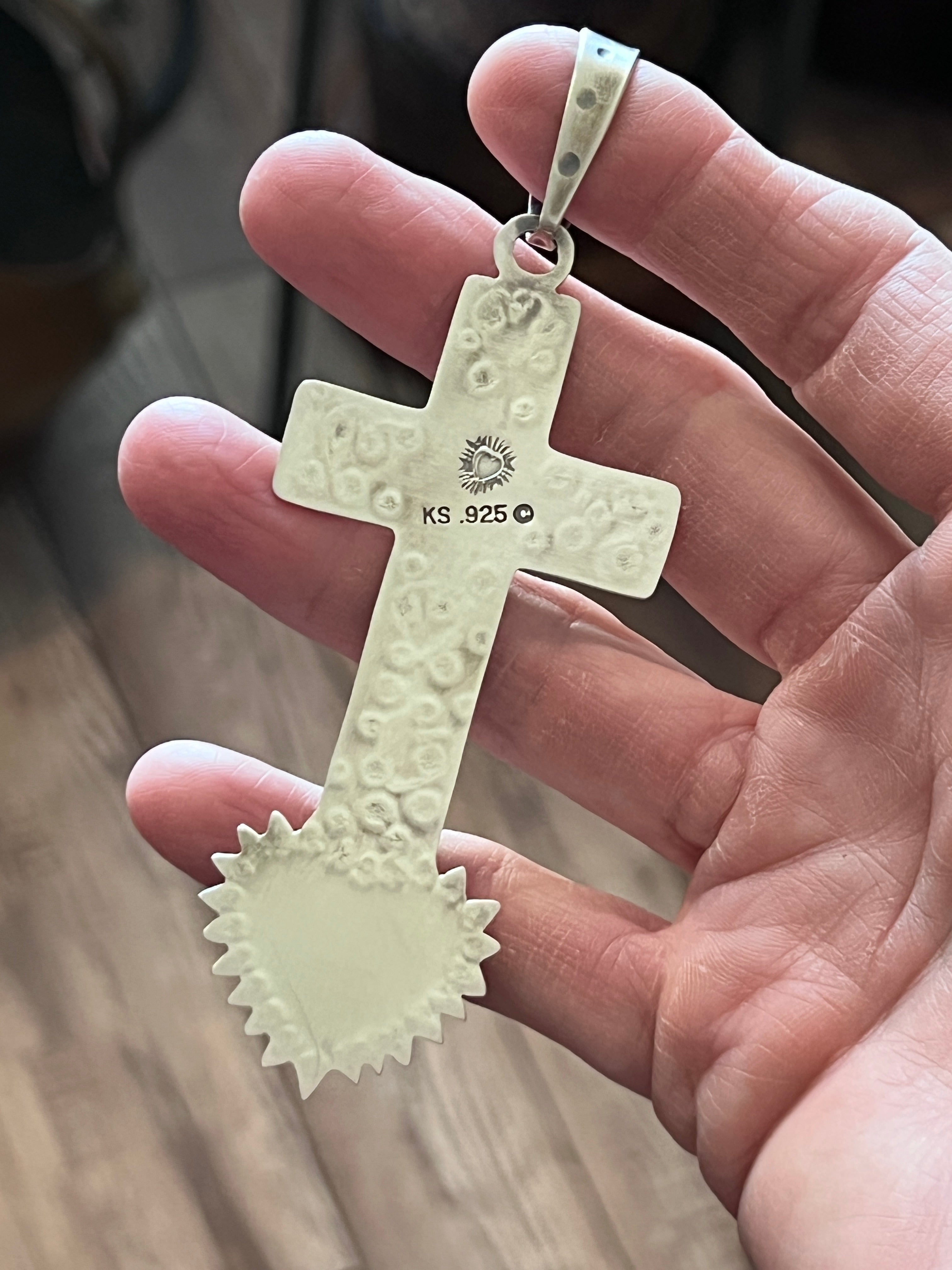 Hand Stamped Sterling Silver, Brass & Royston Turquoise Cross Pendant by Kimari Somers