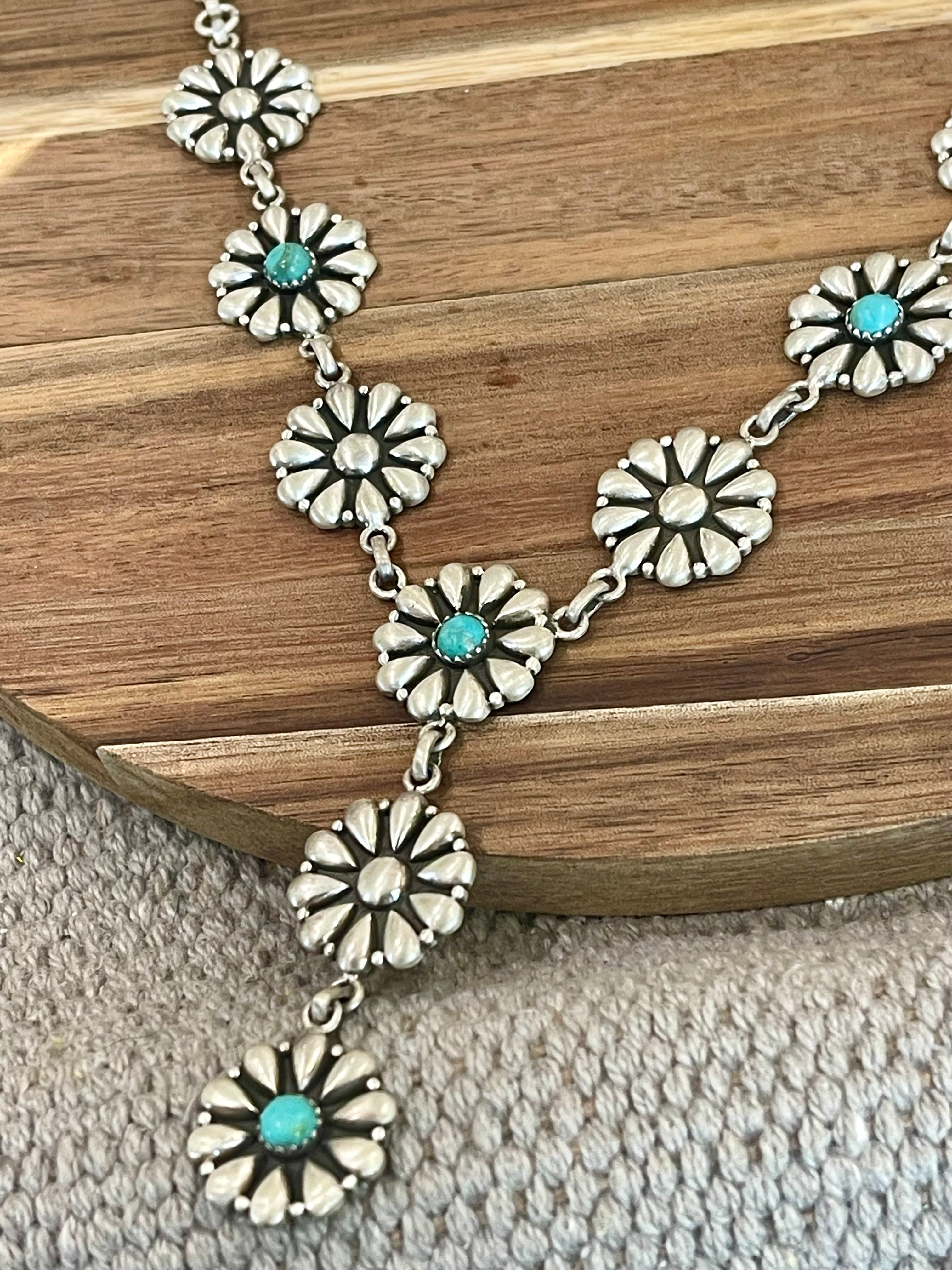 Handmade Sterling Silver & Turquoise Flower Lariat Necklace