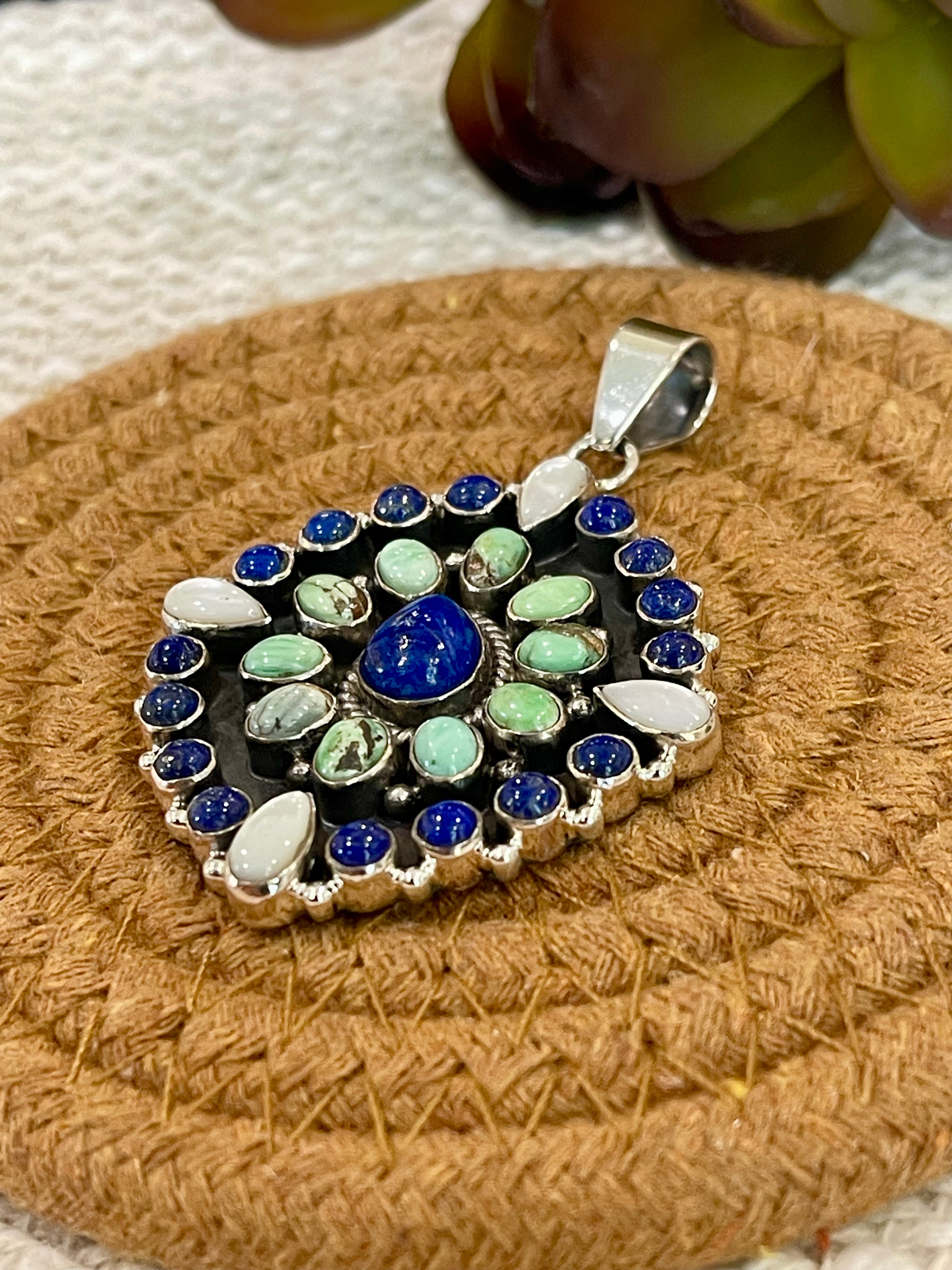 Handmade Sterling Silver, Lapis & Royston Cluster Pendant with Signed Nizhoni
