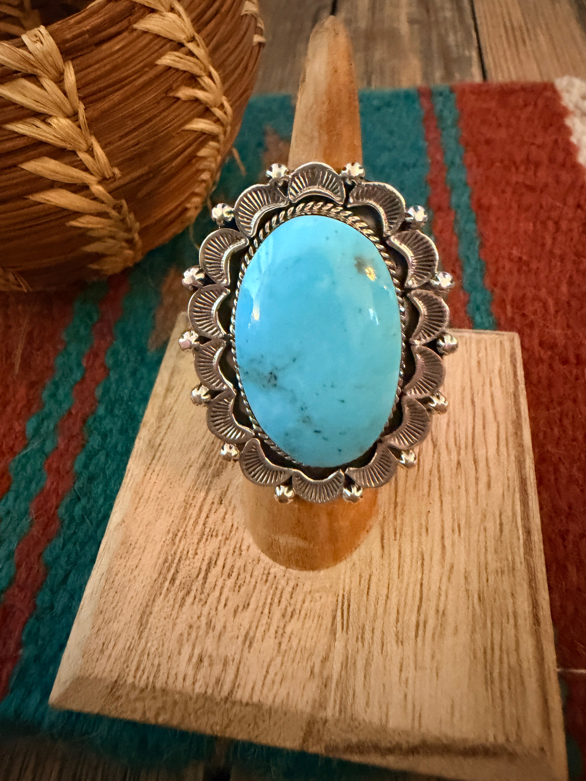 Old Pawn Handcrafted Turquoise & Sterling Silver Ring Size 5