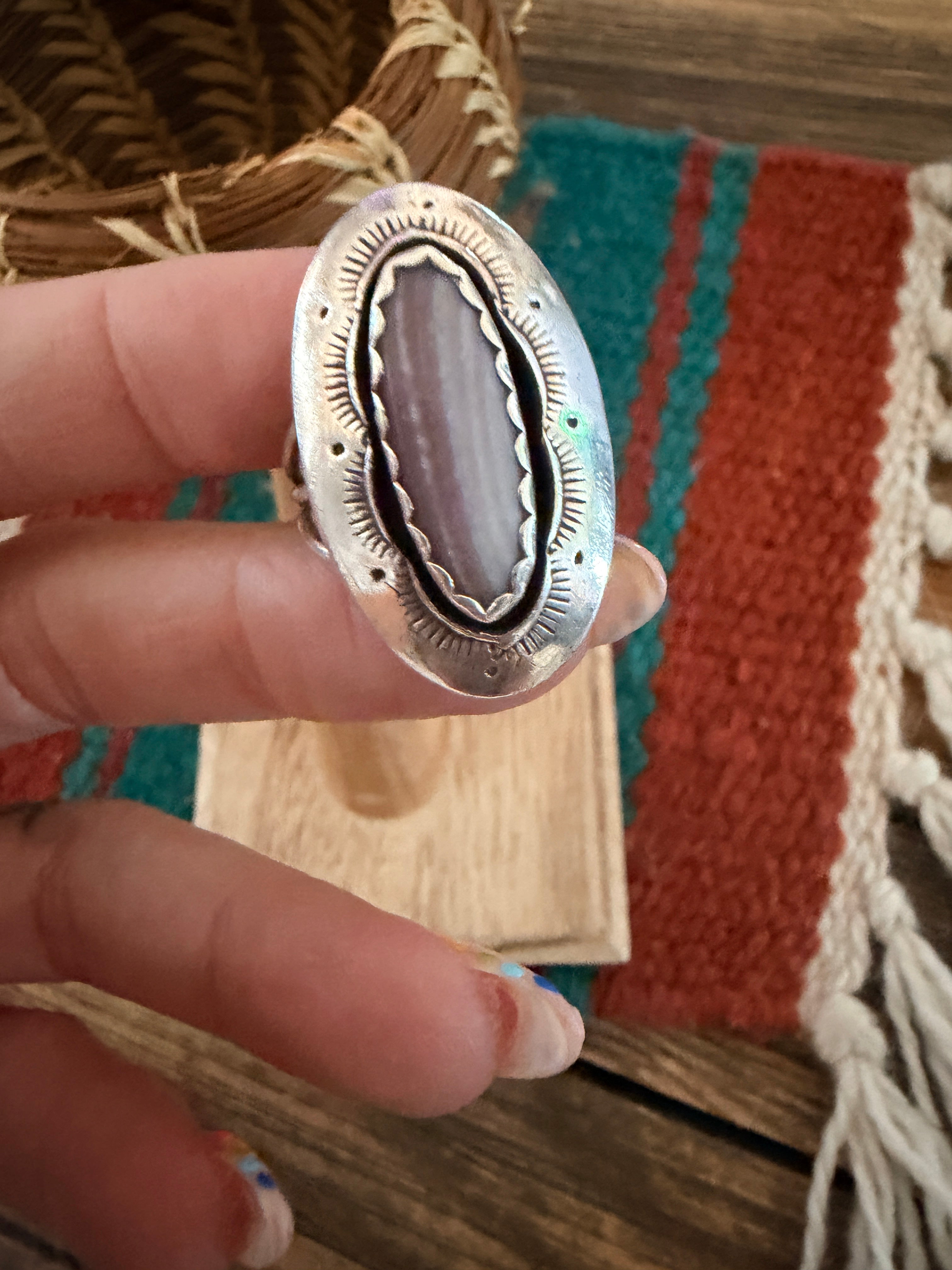 Old Pawn Handcrafted Wampum & Sterling Silver Ring Size 7.75