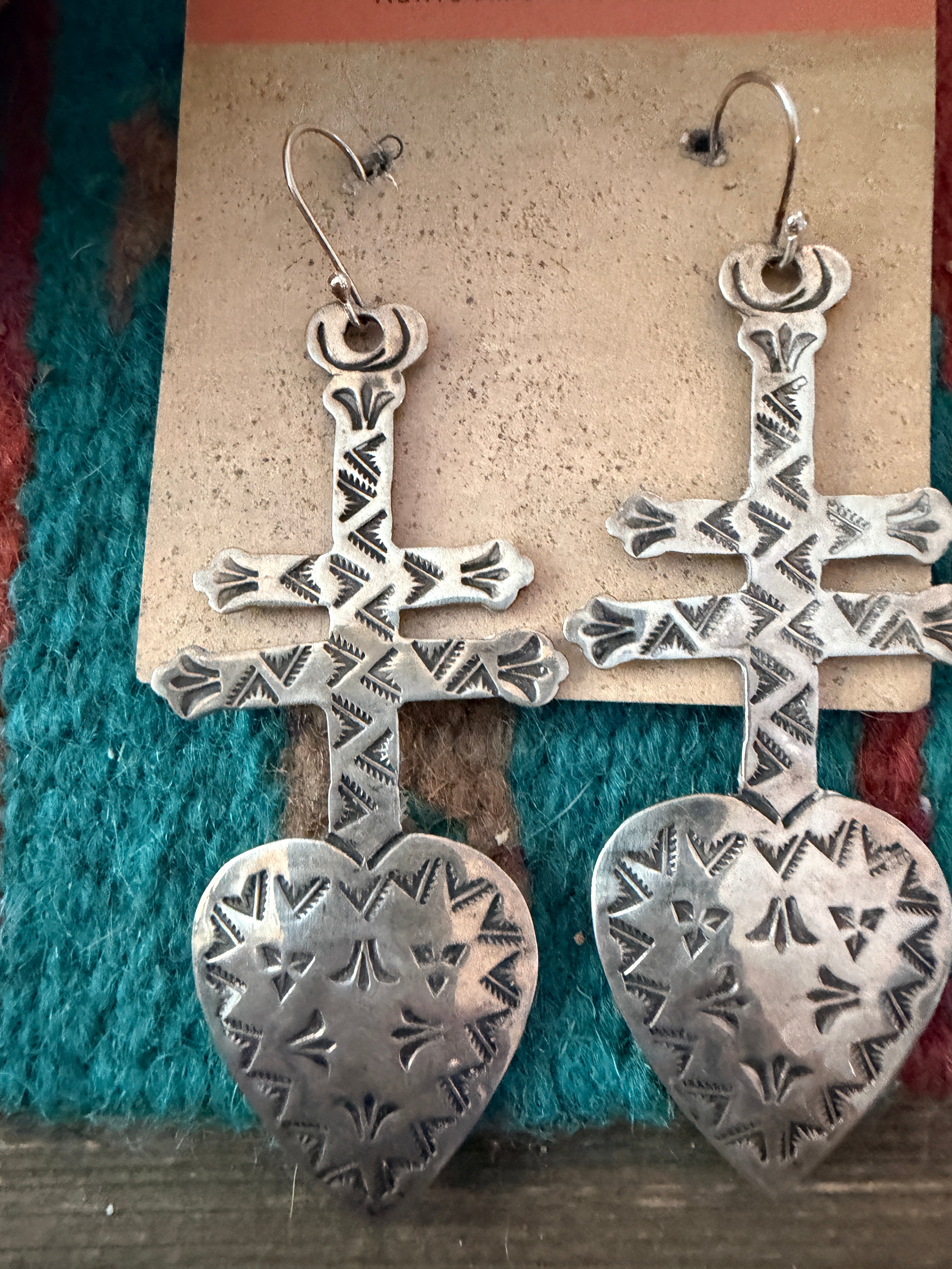 Old Pawn Handcrafted Sterling Silver Heart Cross Dangle Earrings