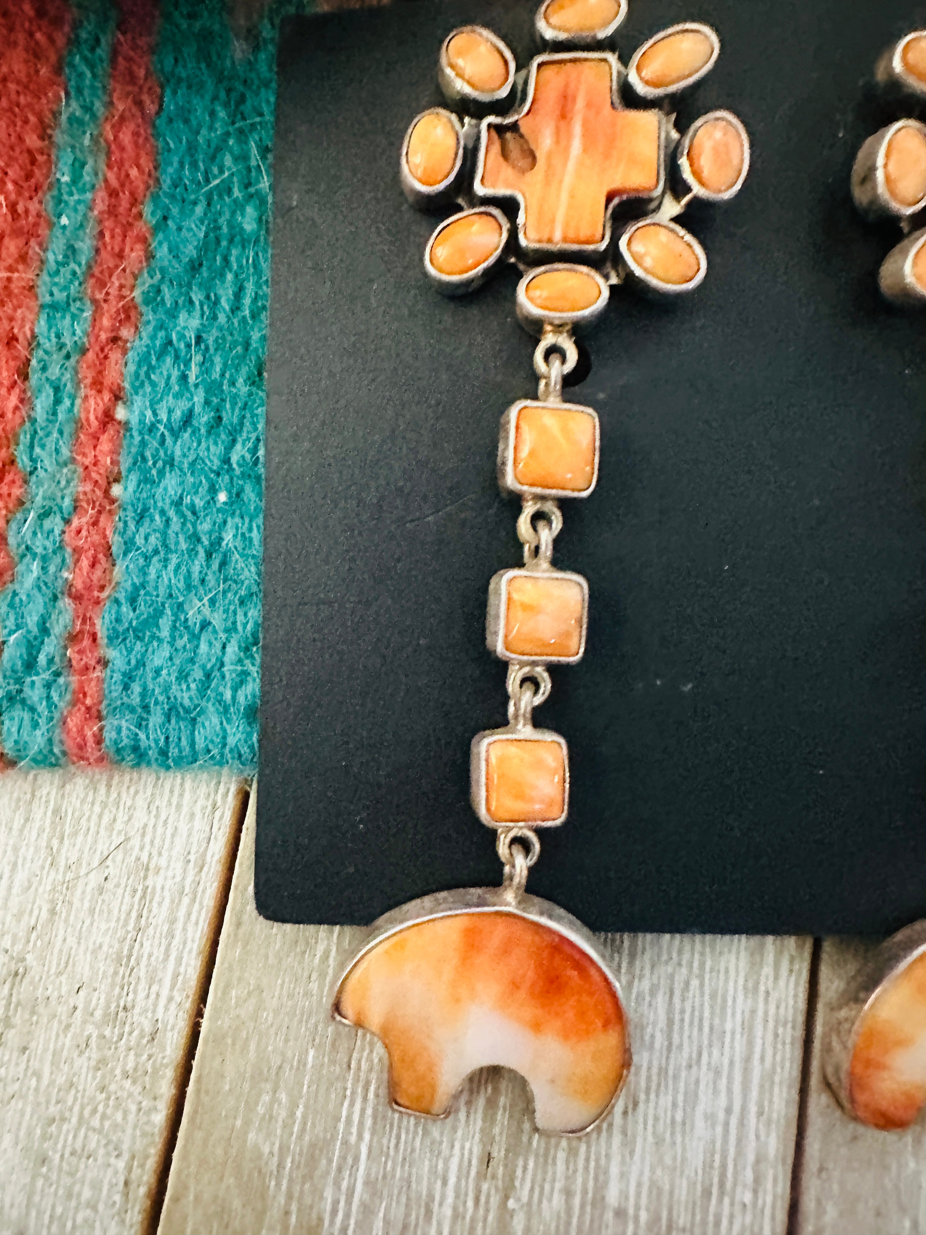 Handcrafted Orange Spiny & Sterling Silver Bear Dangle Earrings by Federico Jimenez