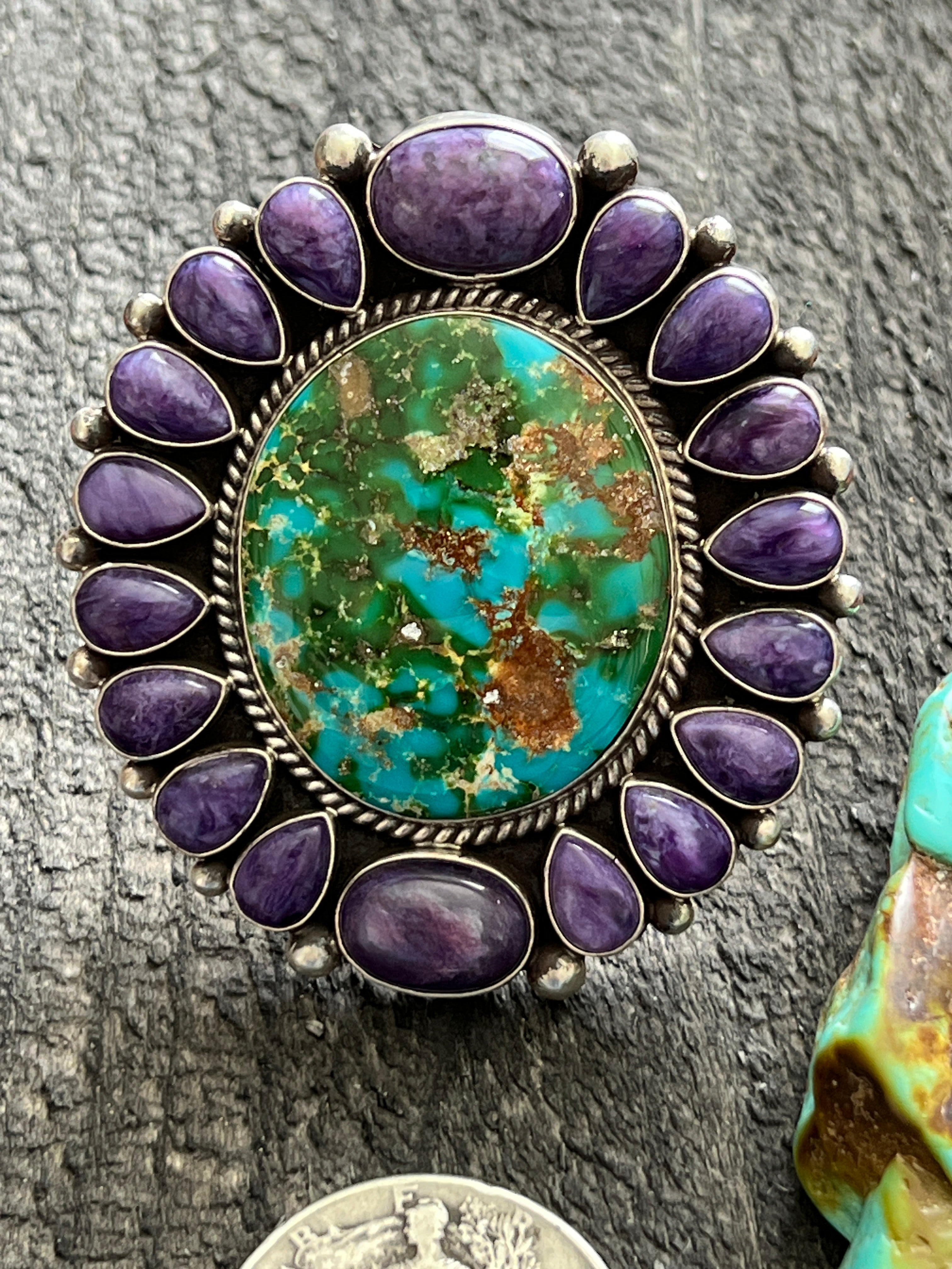 Handcrafted Sterling Silver, Sonoran Turquoise and Charoite Cluster Ring by Tyler Brown: Adjustable