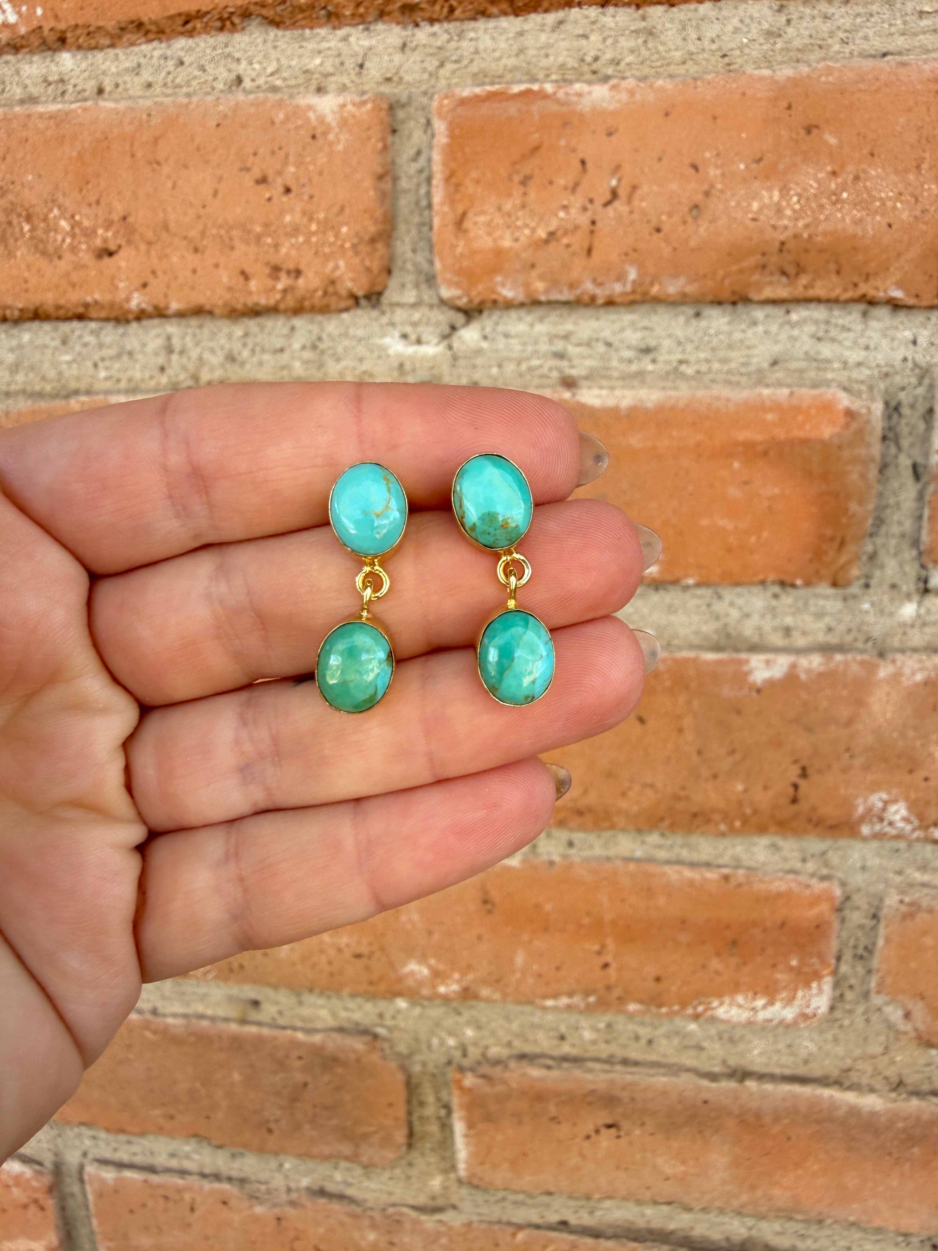 “The Golden Collection” Handmade Natural Gold Plated Kingman Turquoise Post Dangle Earrings