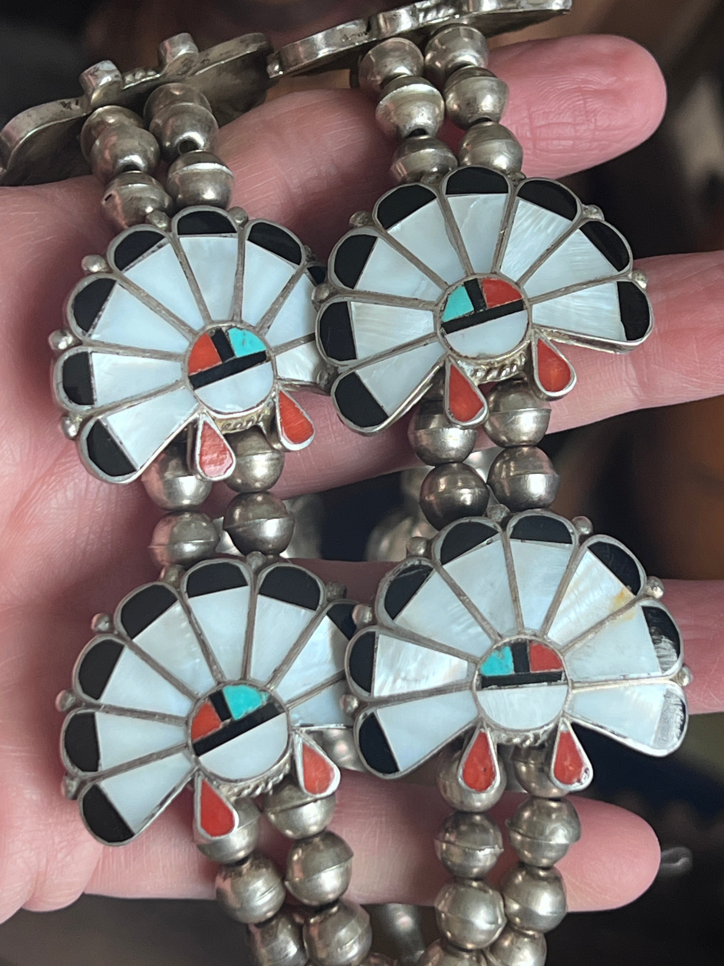 Vintage Old Pawn Sunface Multi Stone & Sterling Silver Beaded Squash Blossom Necklace