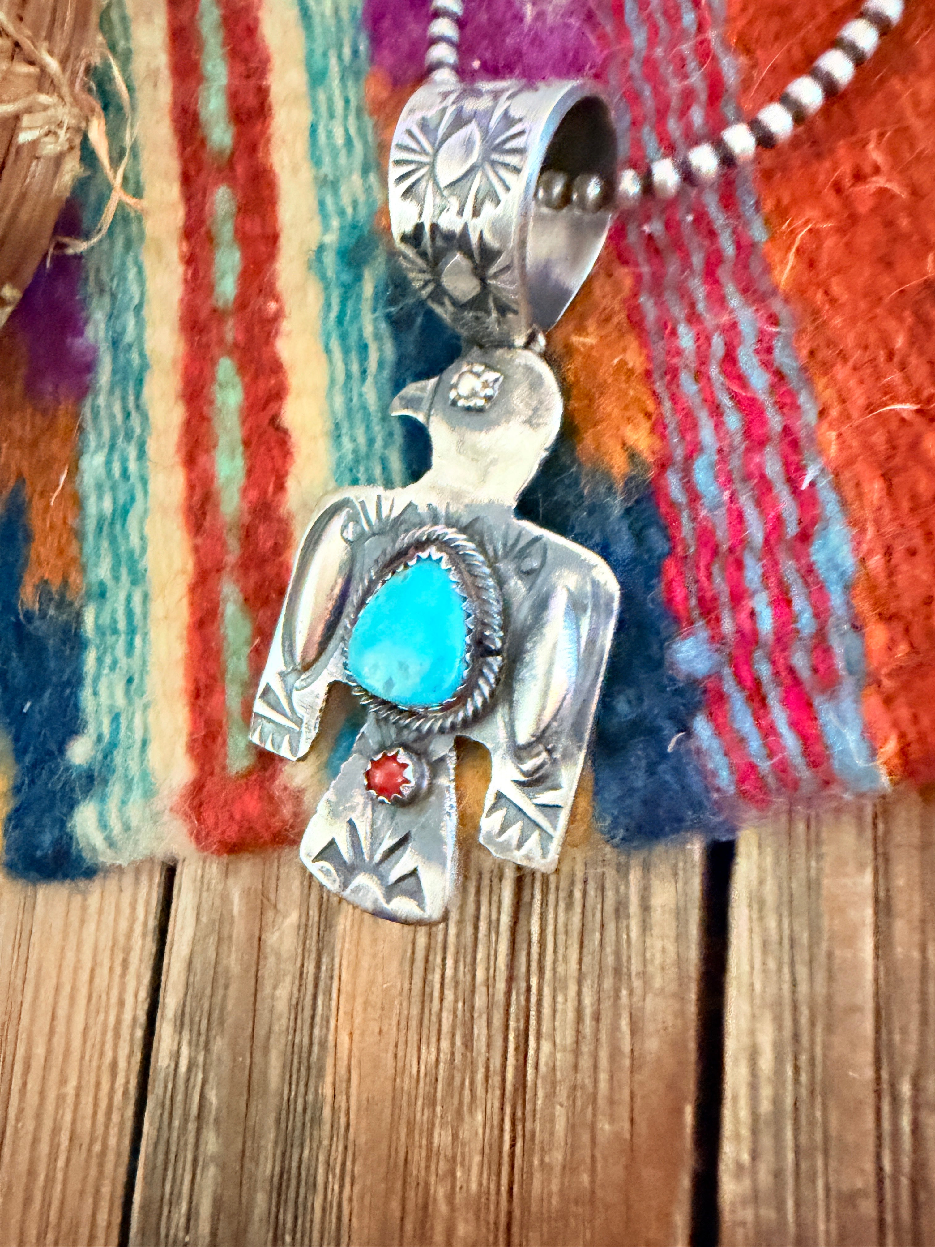 Handcrafted Turquoise, Coral & Sterling Silver Thunderbird Pendant by Richard Yazzie