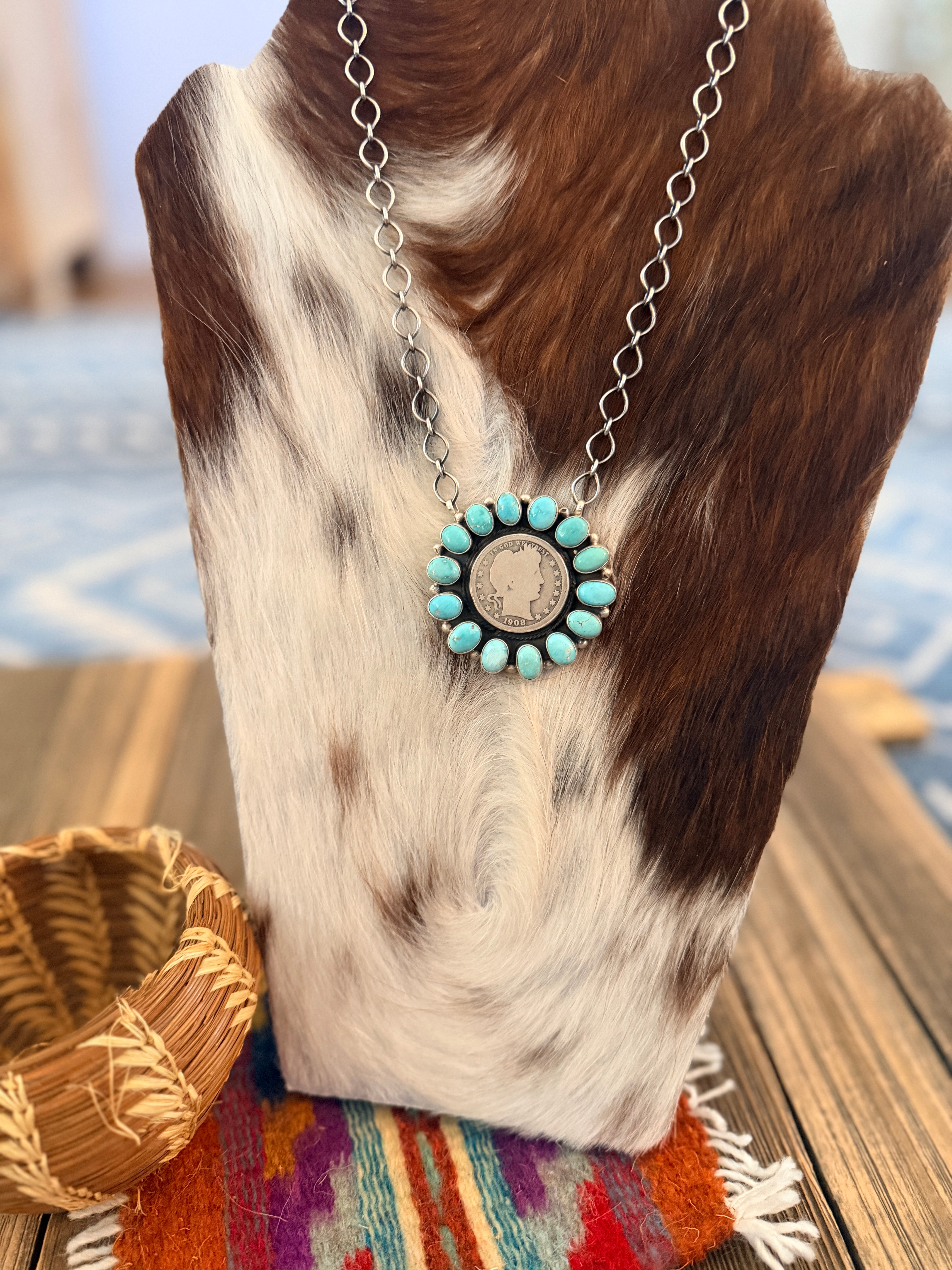 Handcrafted Turquoise & Sterling Silver Liberty Dime Necklace by Travis Jim