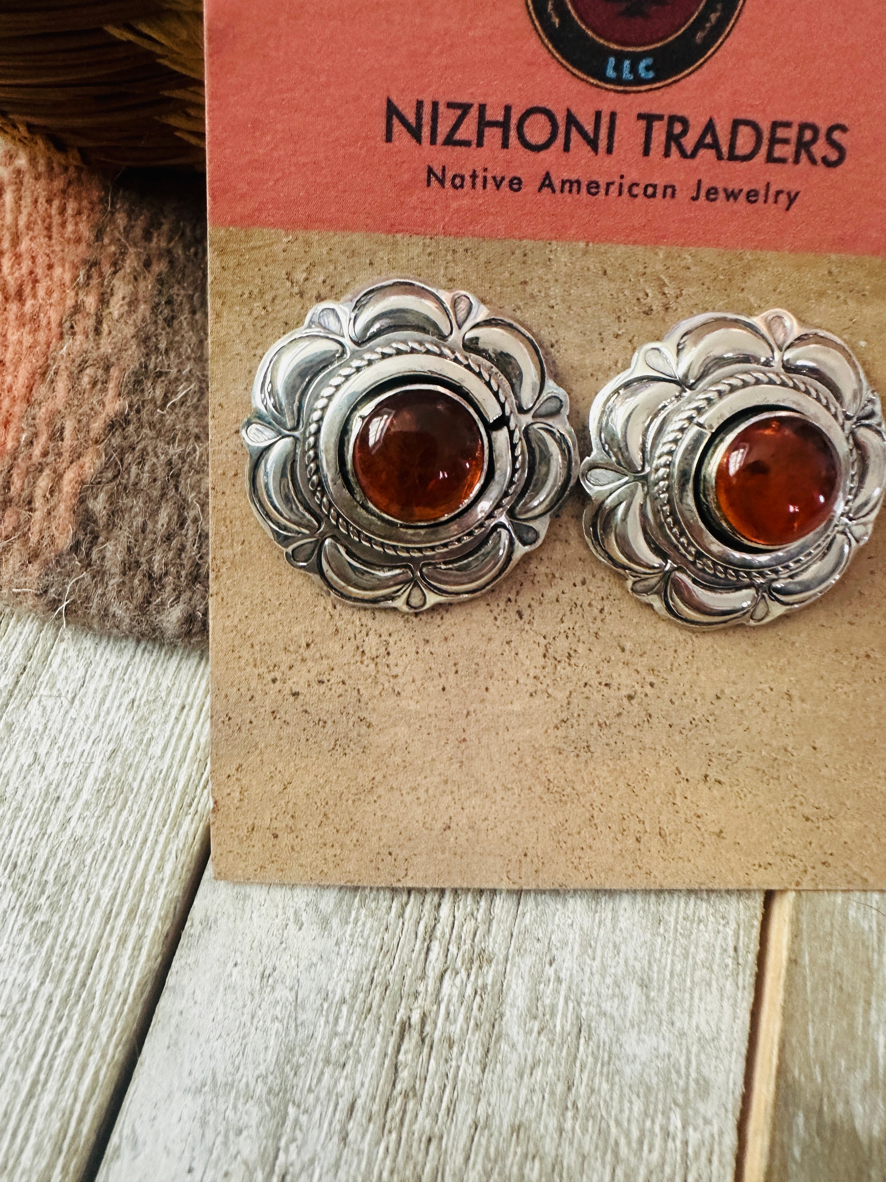 Handcrafted Old Pawn Sterling Silver & Amber Flower Post Earrings