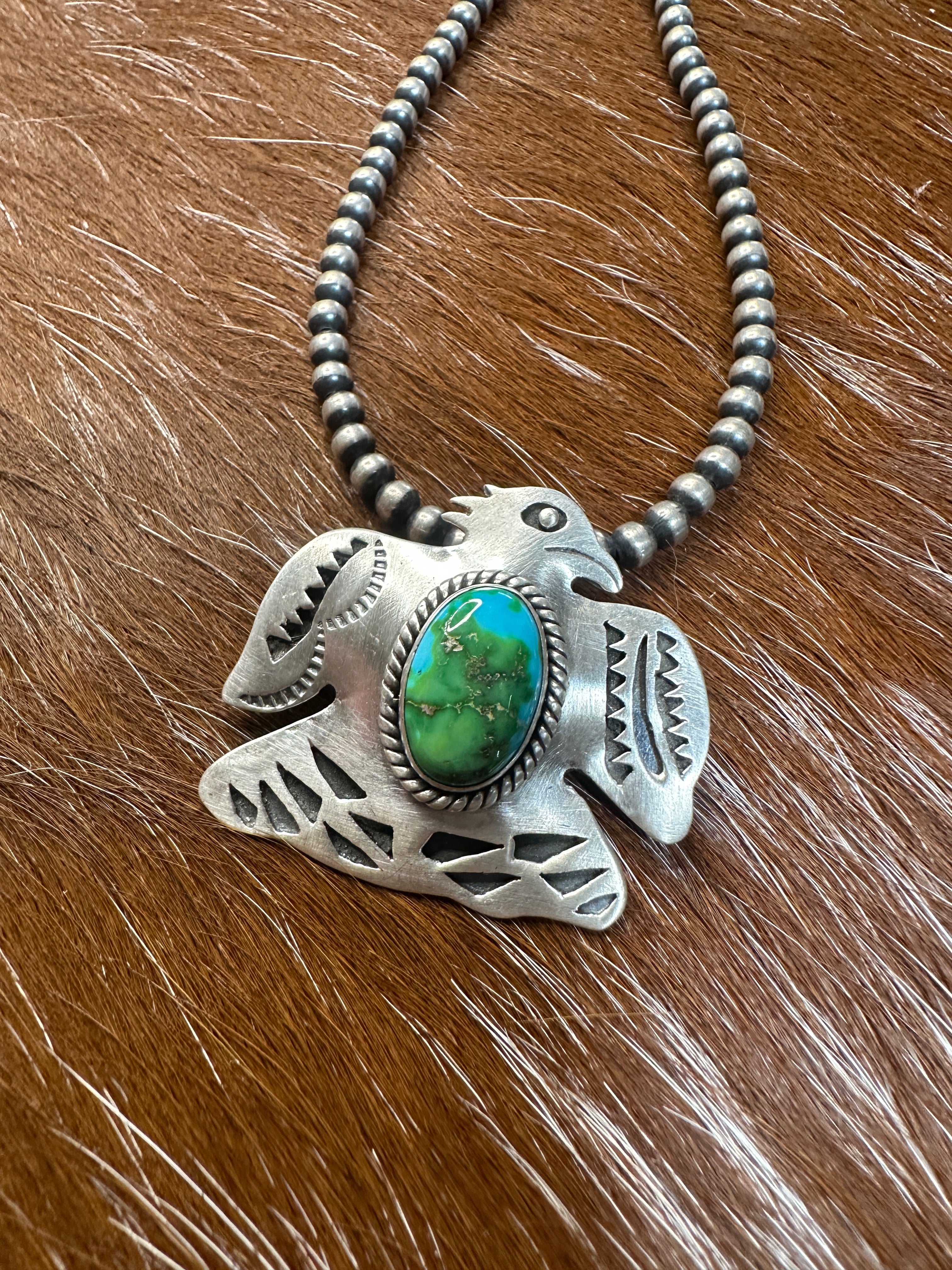 Handmade Sterling Silver & Sonoran Mountain Turquoise Thunderbird Pendant Signed Nizhoni