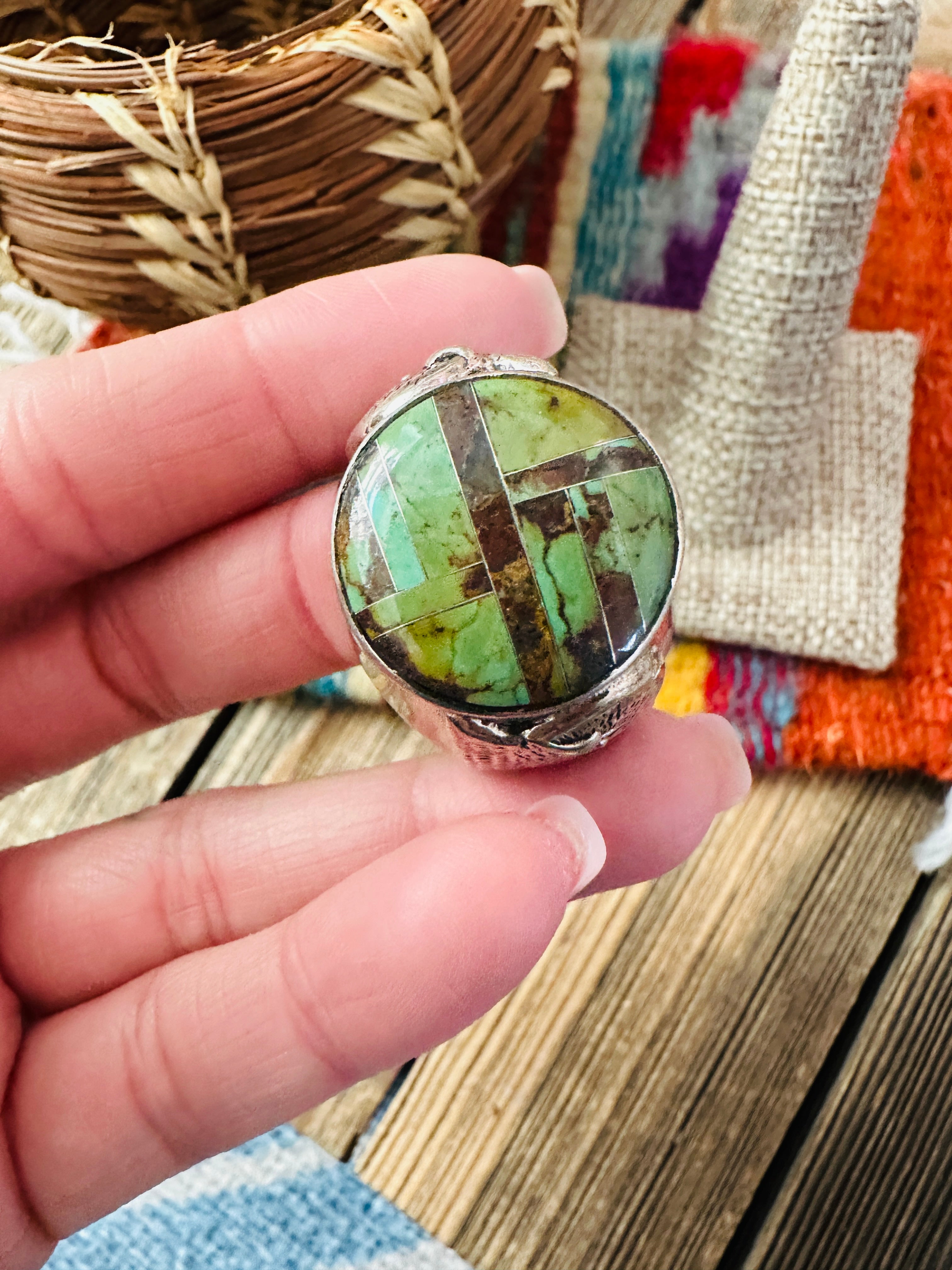 Handcrafted Sterling Silver & Turquoise Inlay Ring Size 12.5