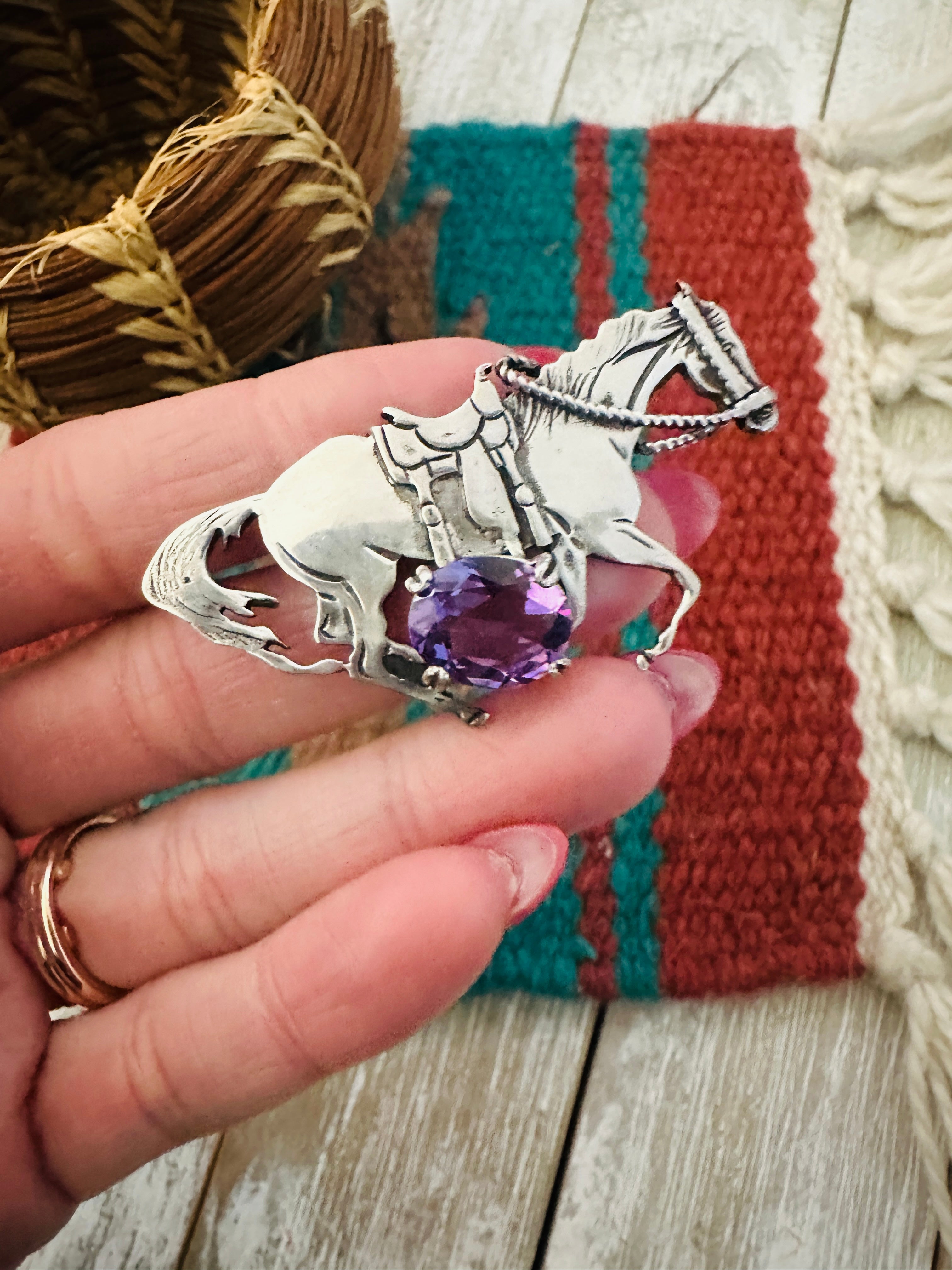 Handcrafted Old Pawn Sterling Silver & Amethyst Horse Brooch