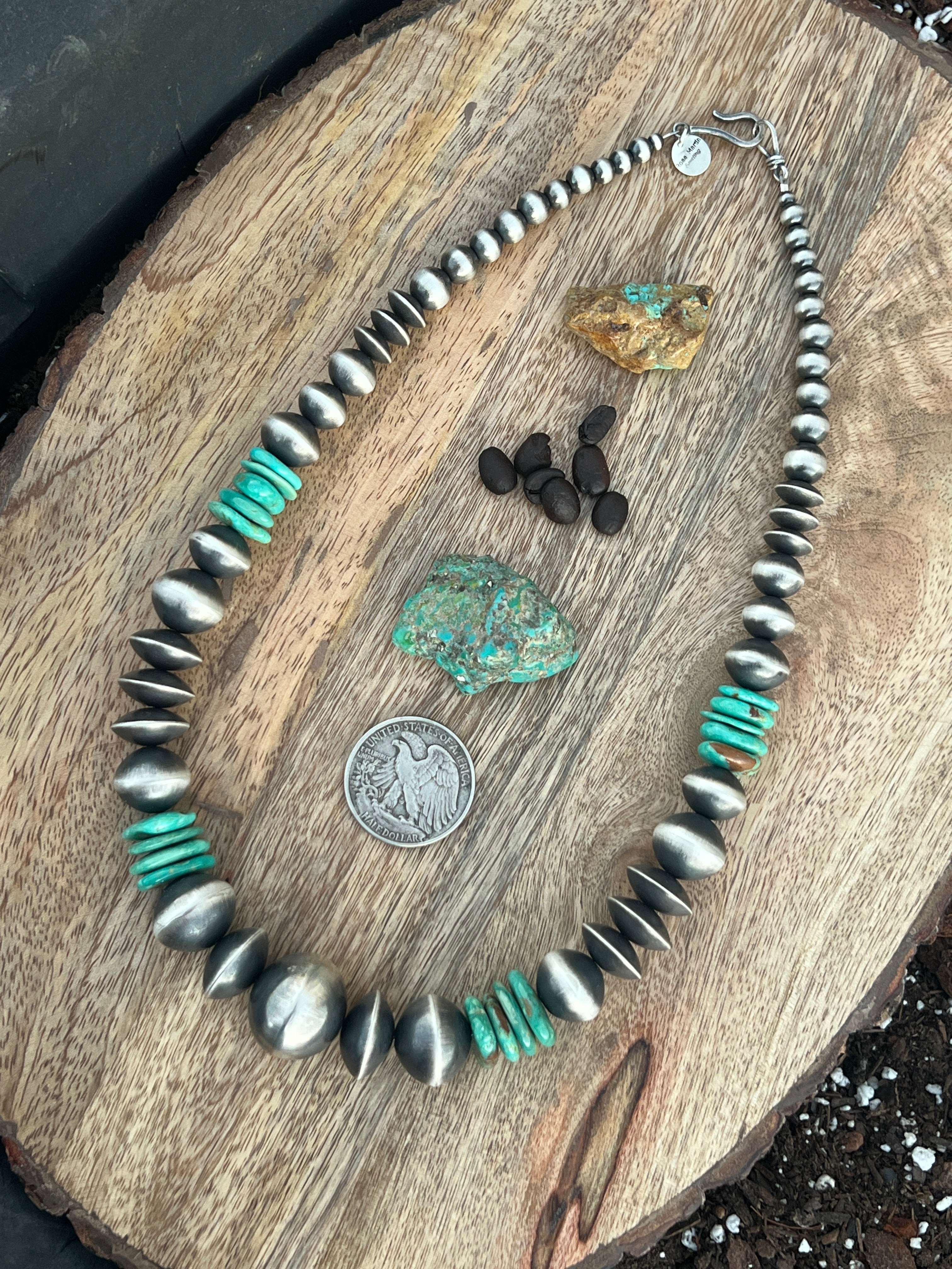 Handcrafted Chunky Sterling Silver and Kingman Turquoise Beaded Necklace by Rose Martin, 19 and 22 inches