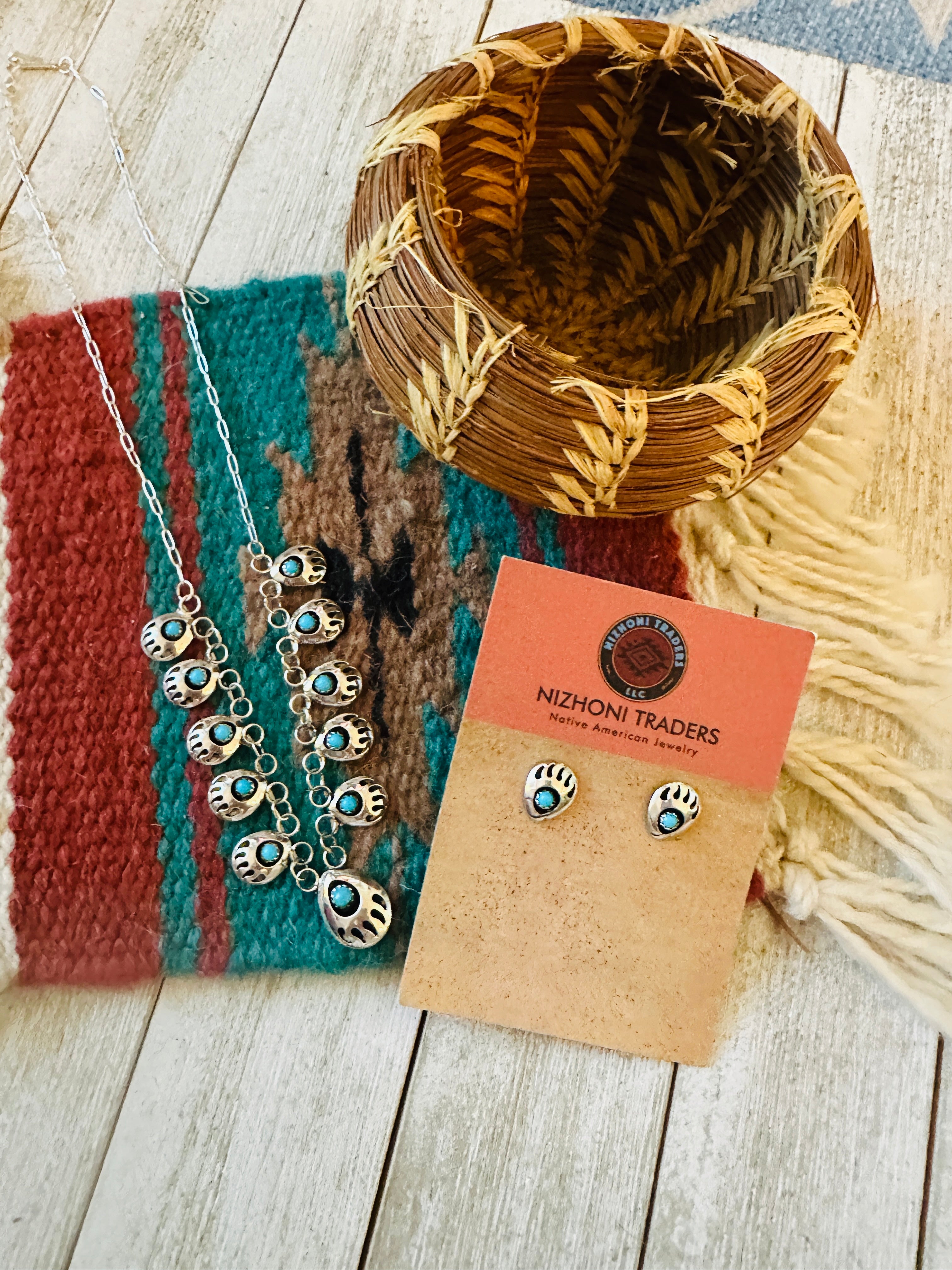 Handcrafted Sterling Silver & Turquoise Bear Paw Necklace & Earring Set