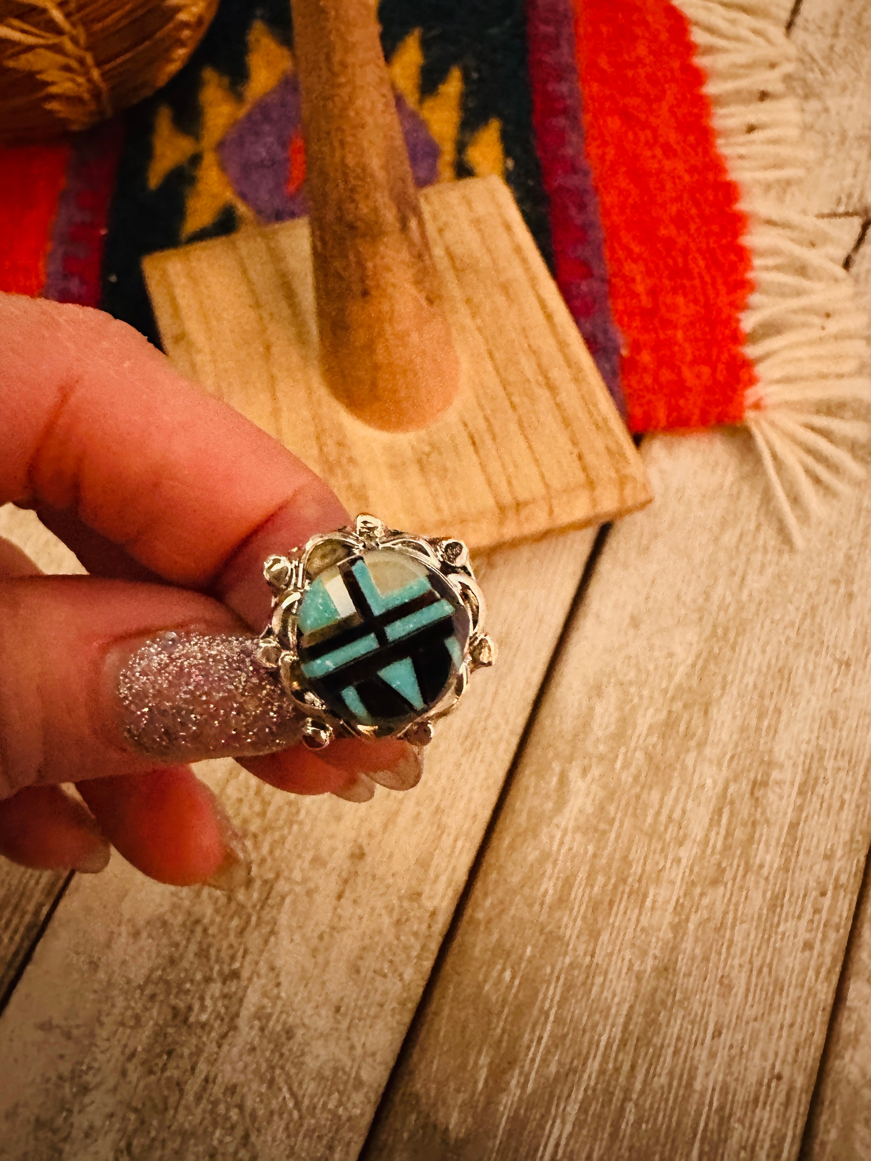 Handcrafted Multi Stone & Sterling Silver Inlay Ring Size 7