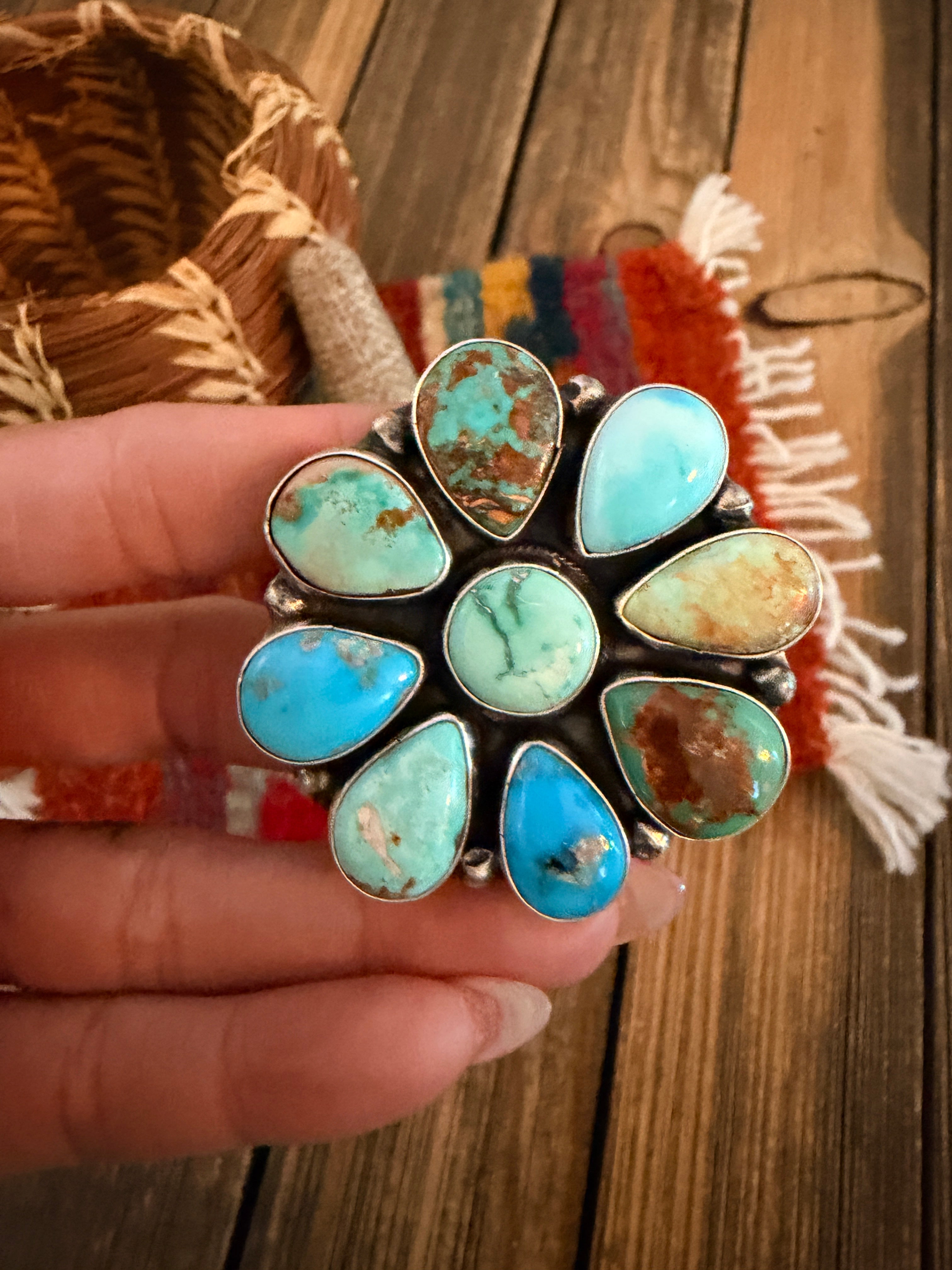 Handcrafted Multi Turquoise & Sterling Silver Cluster Adjustable Ring