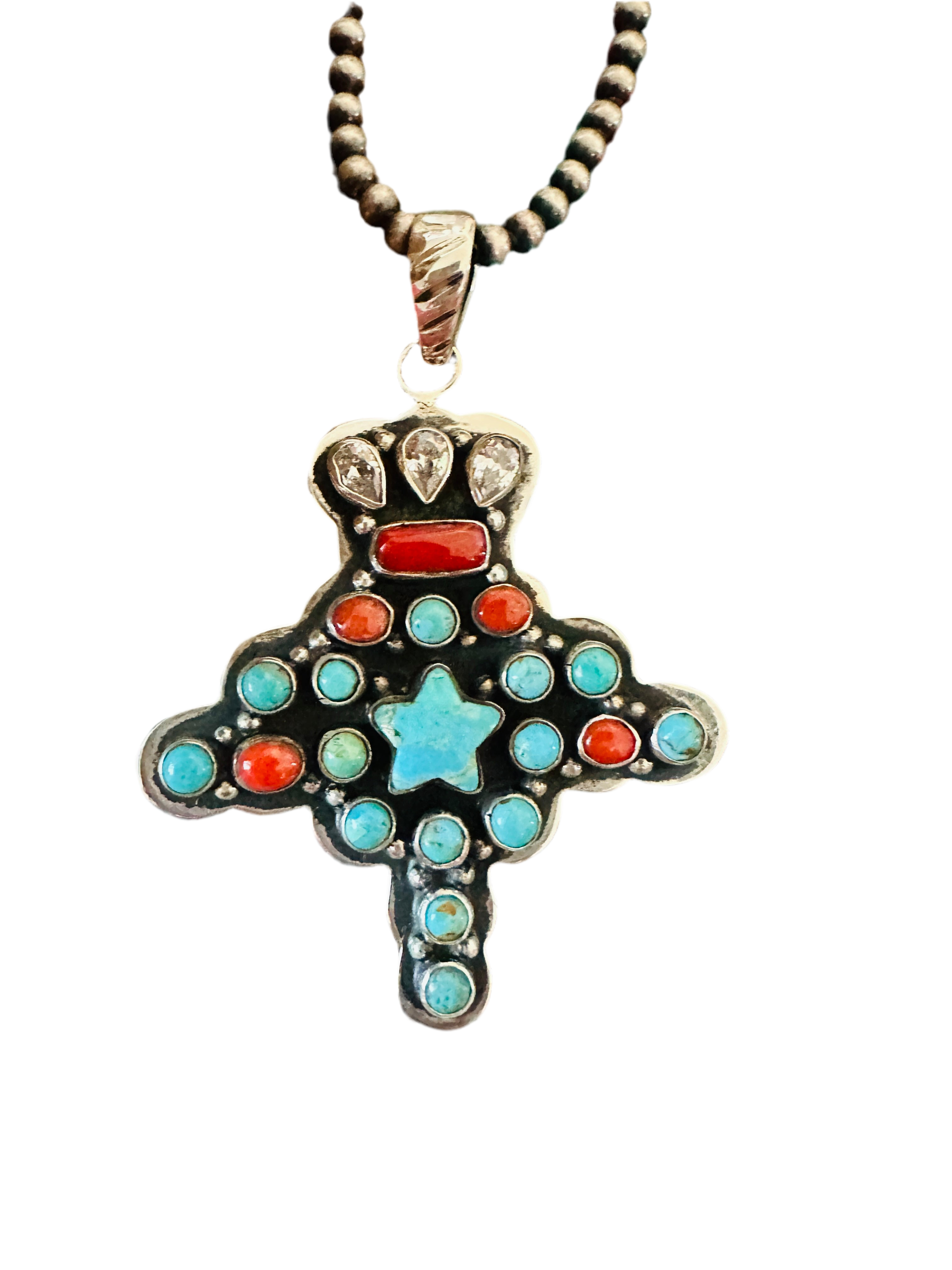 ** Christmas Collection ** Handmade Sterling Silver, Turquoise, Coral & CZ Pendant Signed Nizhoni