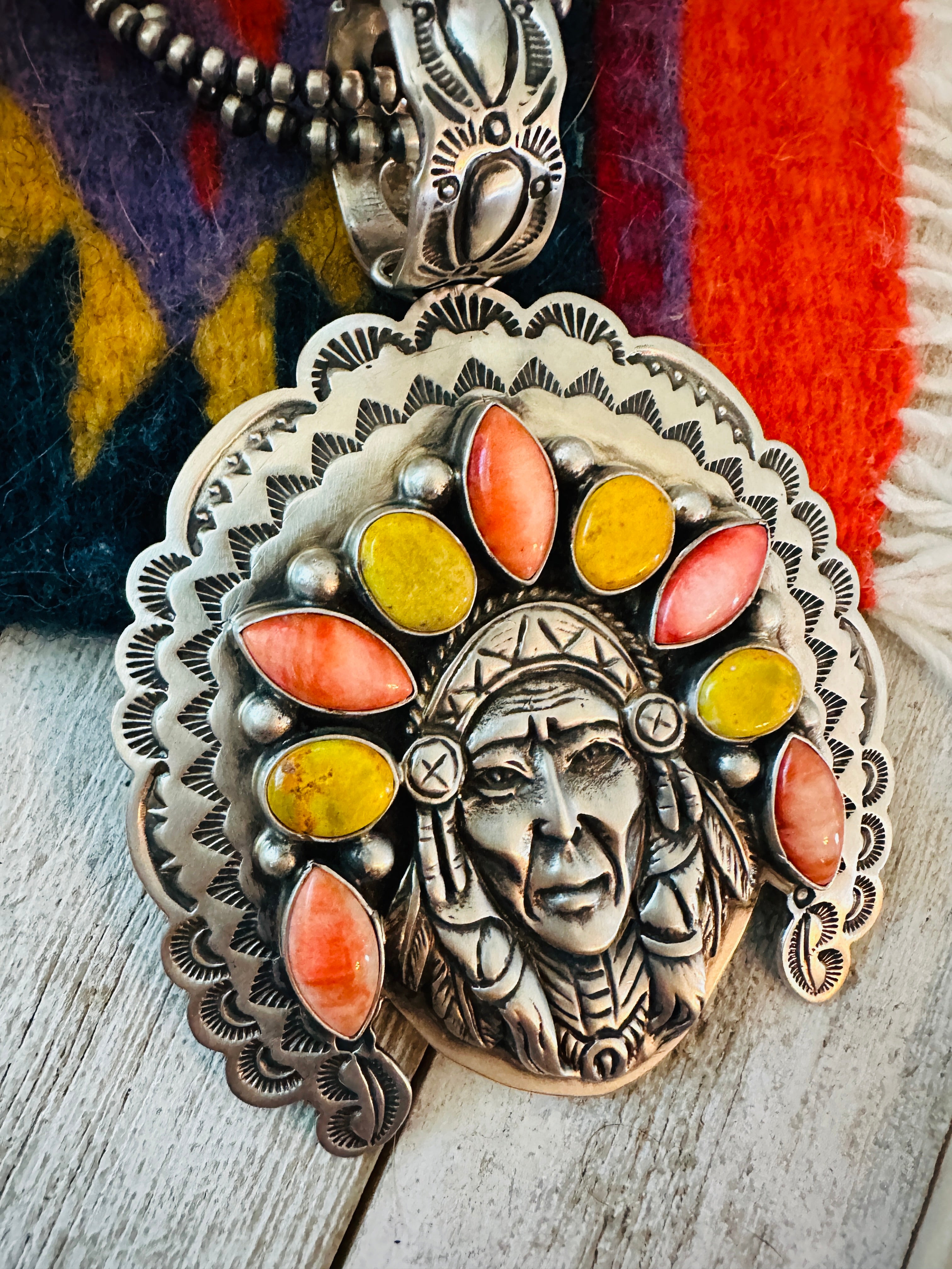 Handcrafted Spiny, Jasper & Sterling Silver Indian Chief Pendant