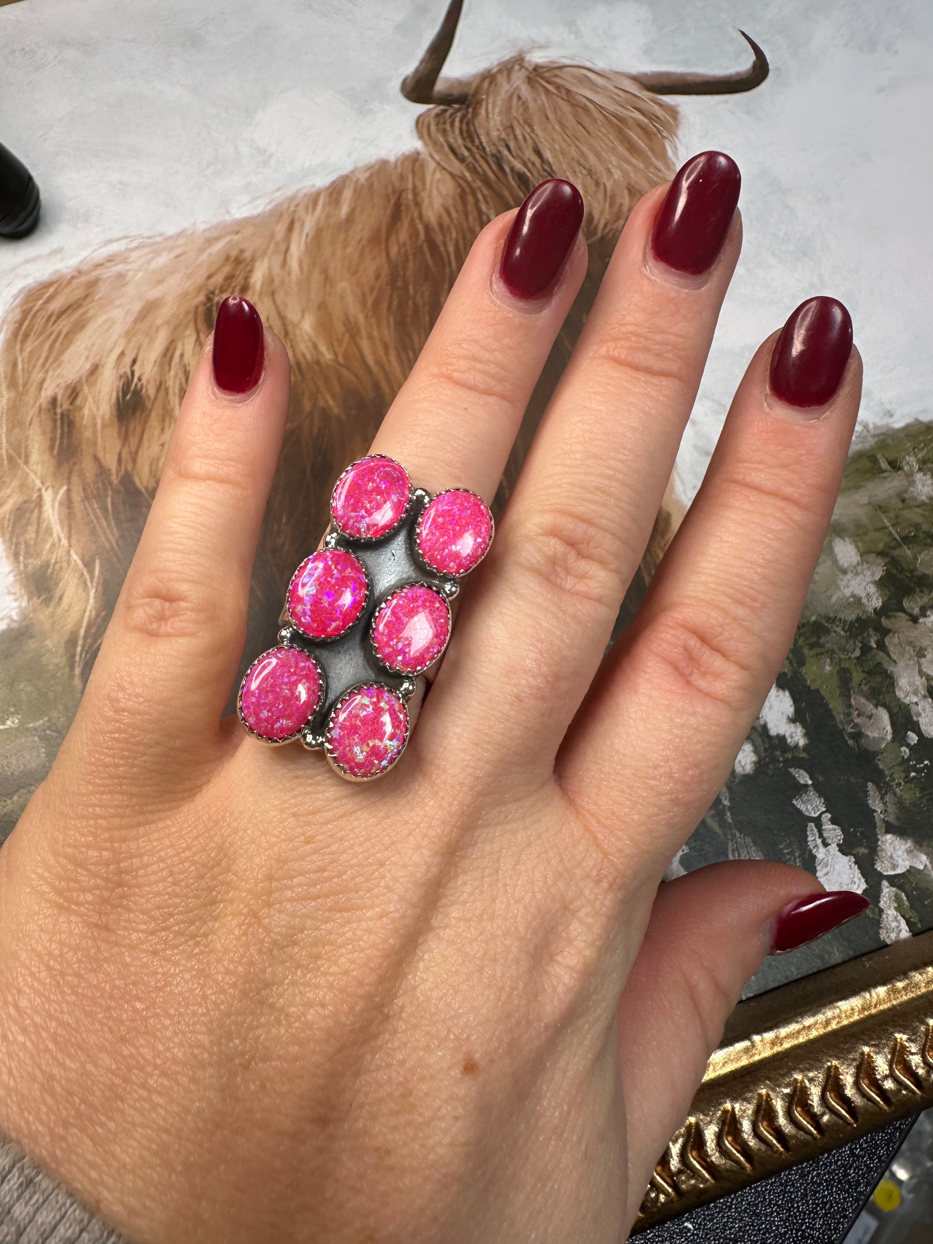 Handmade Pink Fire Opal And Sterling Silver Adjustable 6 Stone Ring