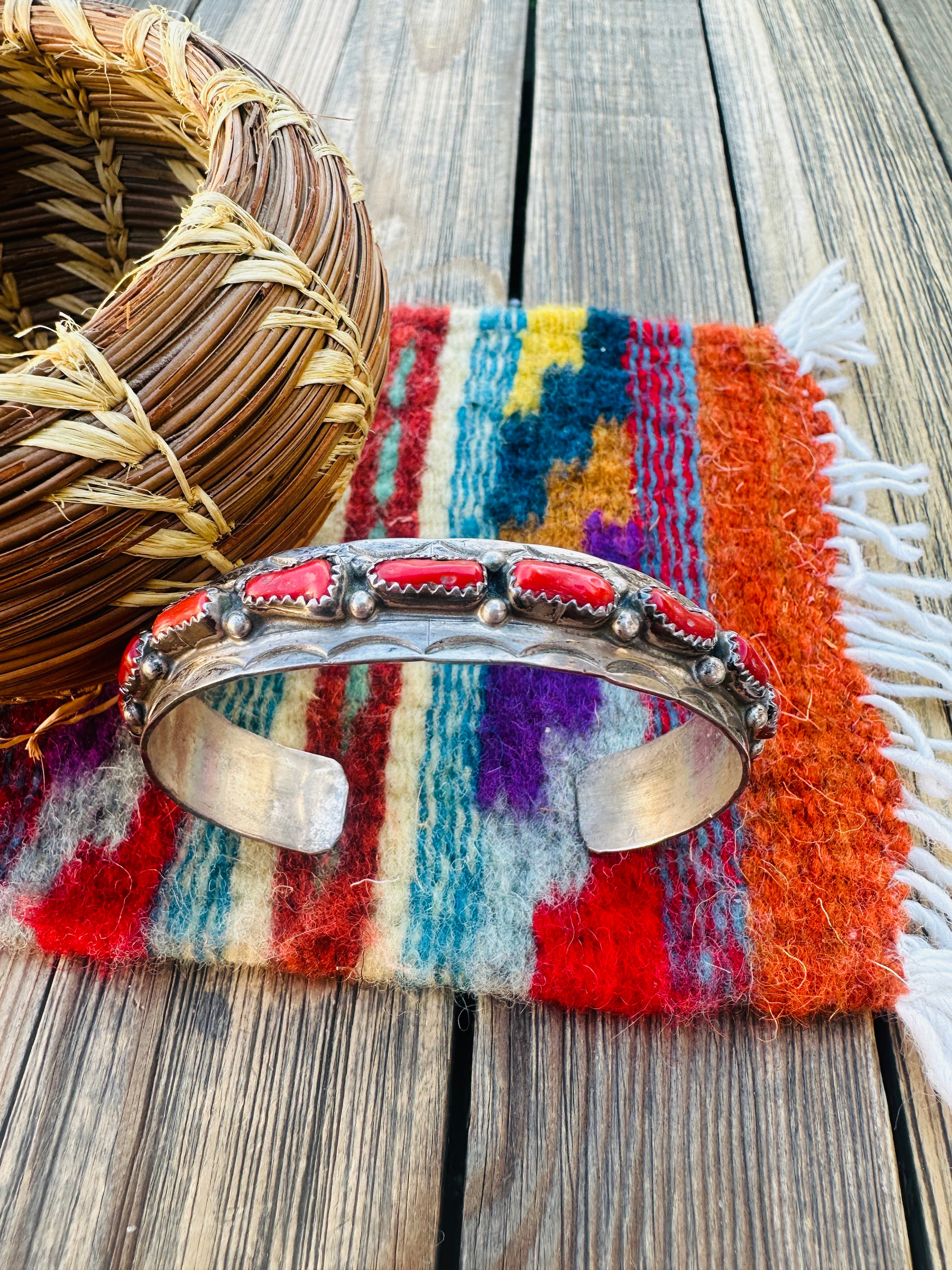 Handcrafted Old Pawn Sterling Silver & Coral Cuff Bracelet