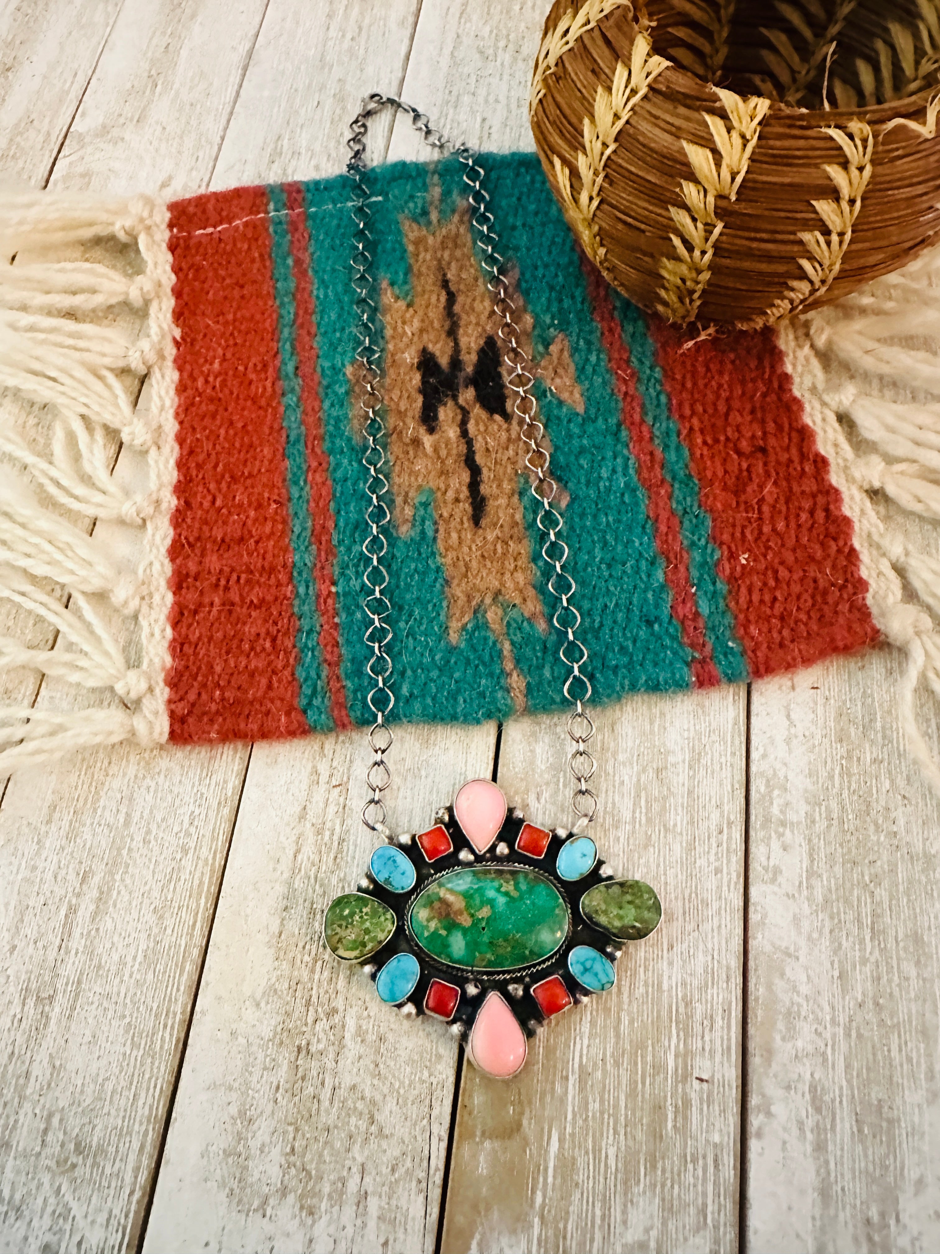 Navajo Sterling Silver & Multi Stone Cluster Necklace