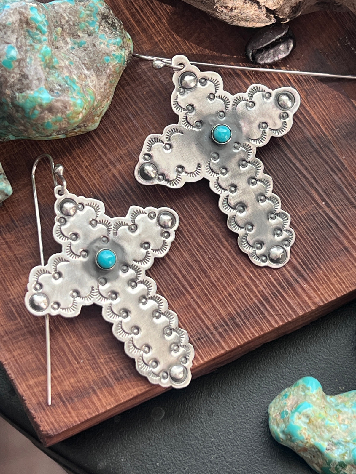 Hand Stamped Scalloped Sterling Silver Cross Dangle Earrings with Kingman Turquoise by Kimari Somers
