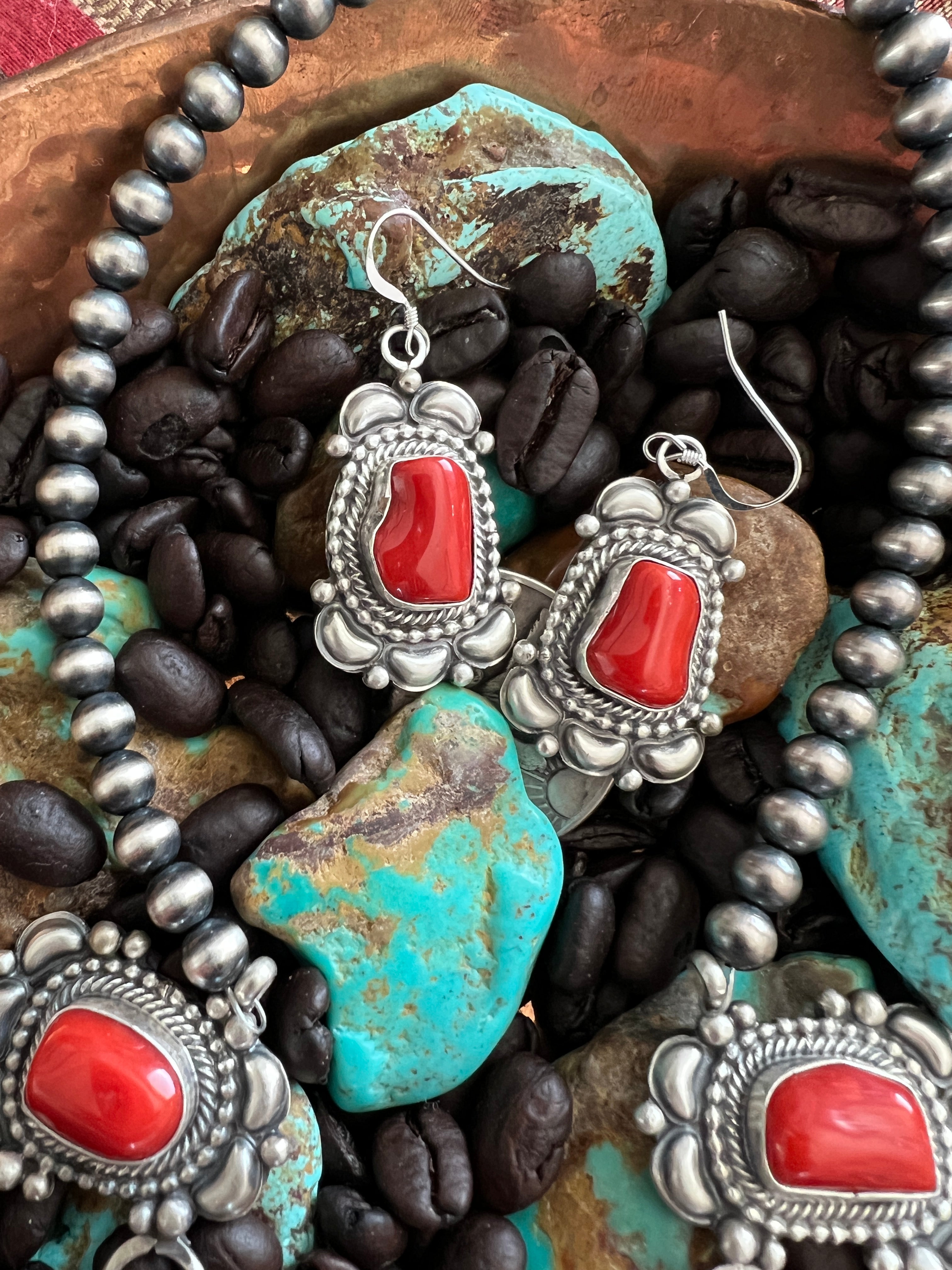 Navajo Sterling Silver, Mediterranean Coral and Sleeping Beauty Turquoise Necklace with Matching Earrings by Tom Lewis