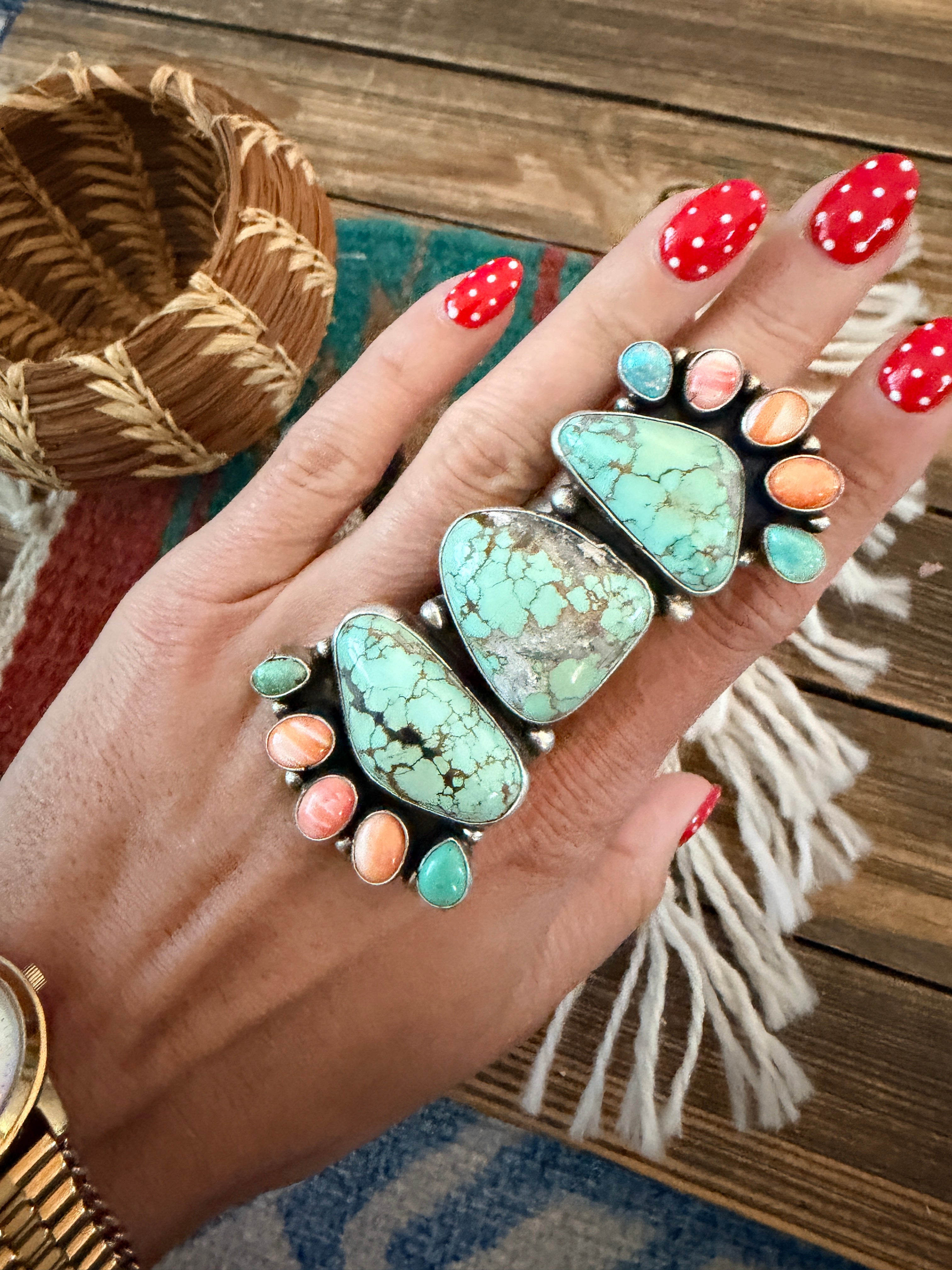 Handcrafted Spiny Oyster, Turquoise & Sterling Silver Cluster Ring by Sheila Becenti Size 10