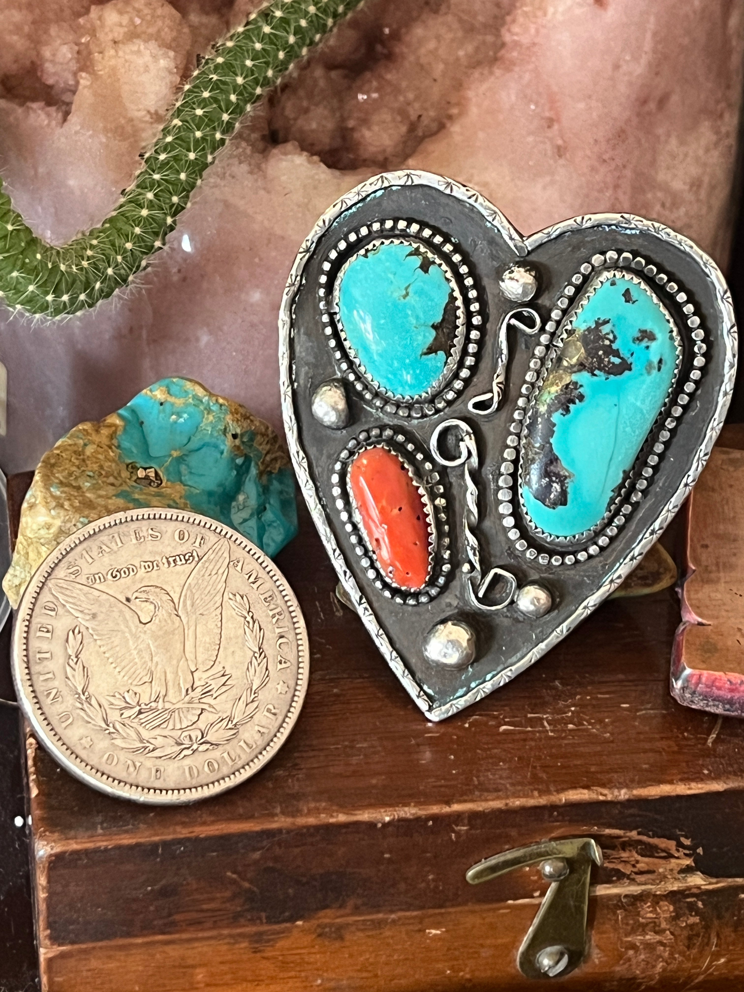XL Vintage Sterling Silver, Turquoise and Mediterranean Coral Heart Ring, Size 10.25