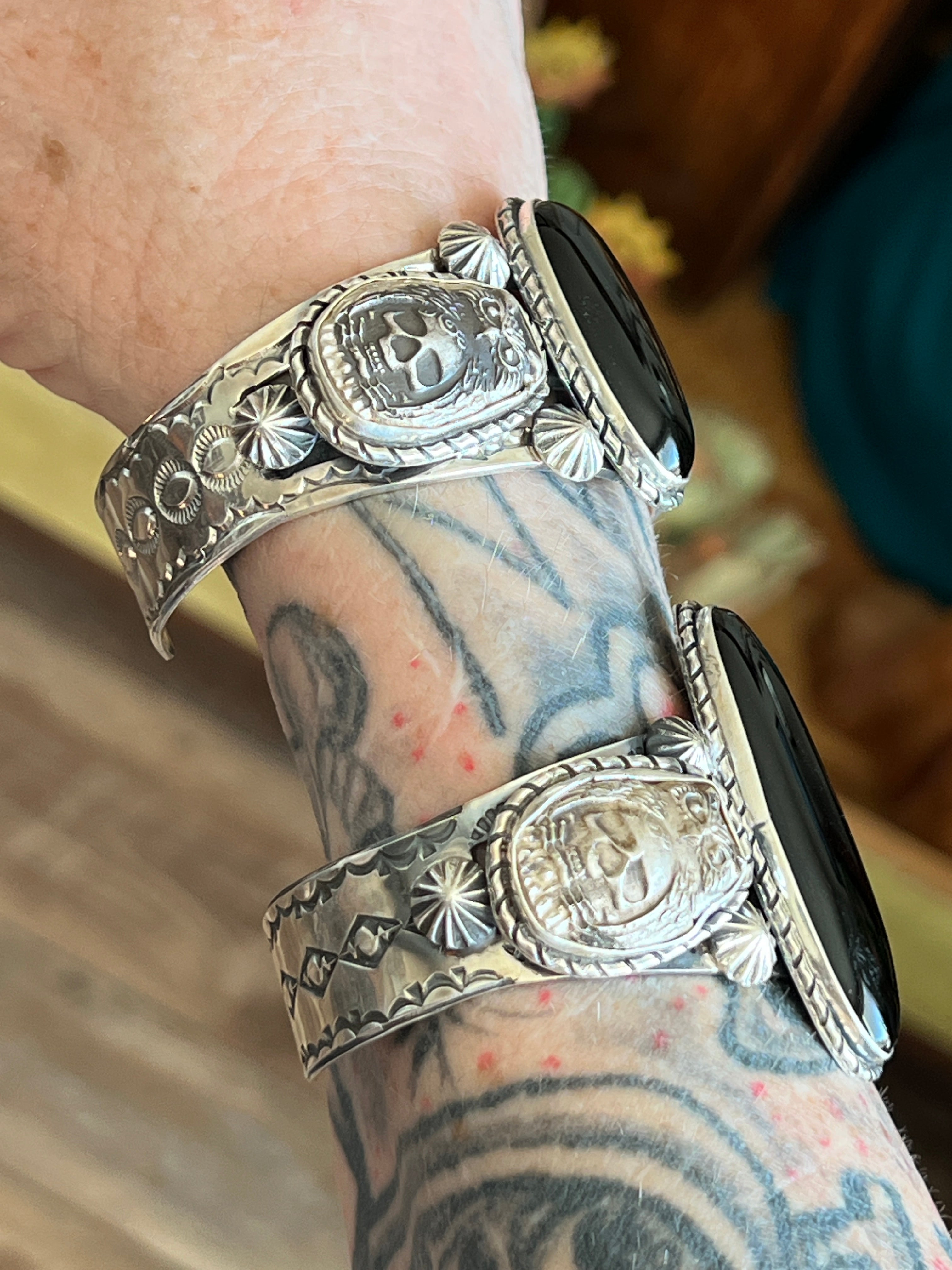 Sterling Silver Handcrafted Cuff Bracelet with Onyx, Owl and Skull Detail, Taller Stone