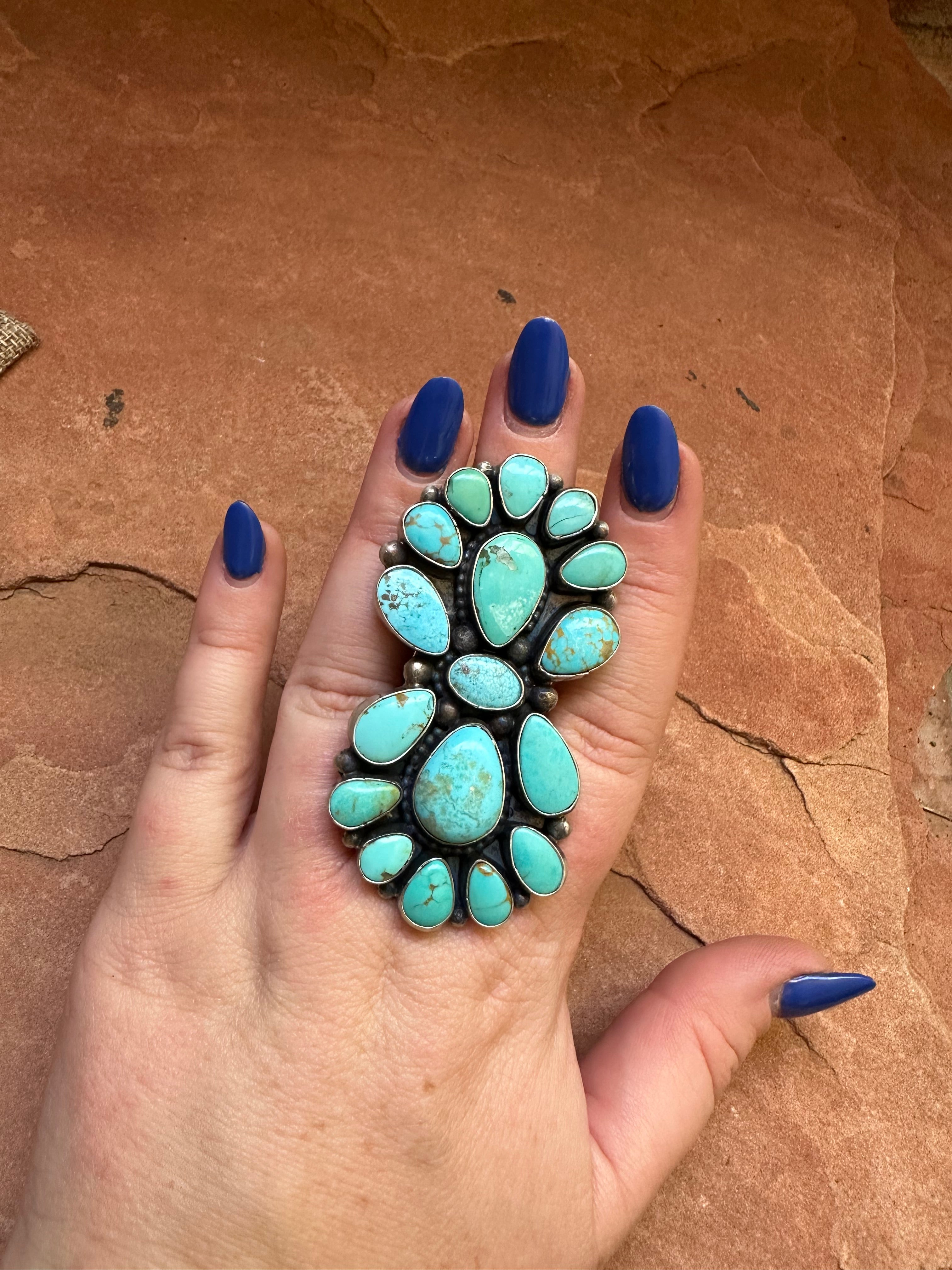 Handcrafted Turquoise & Sterling Silver Adjustable Ring Signed Sheila