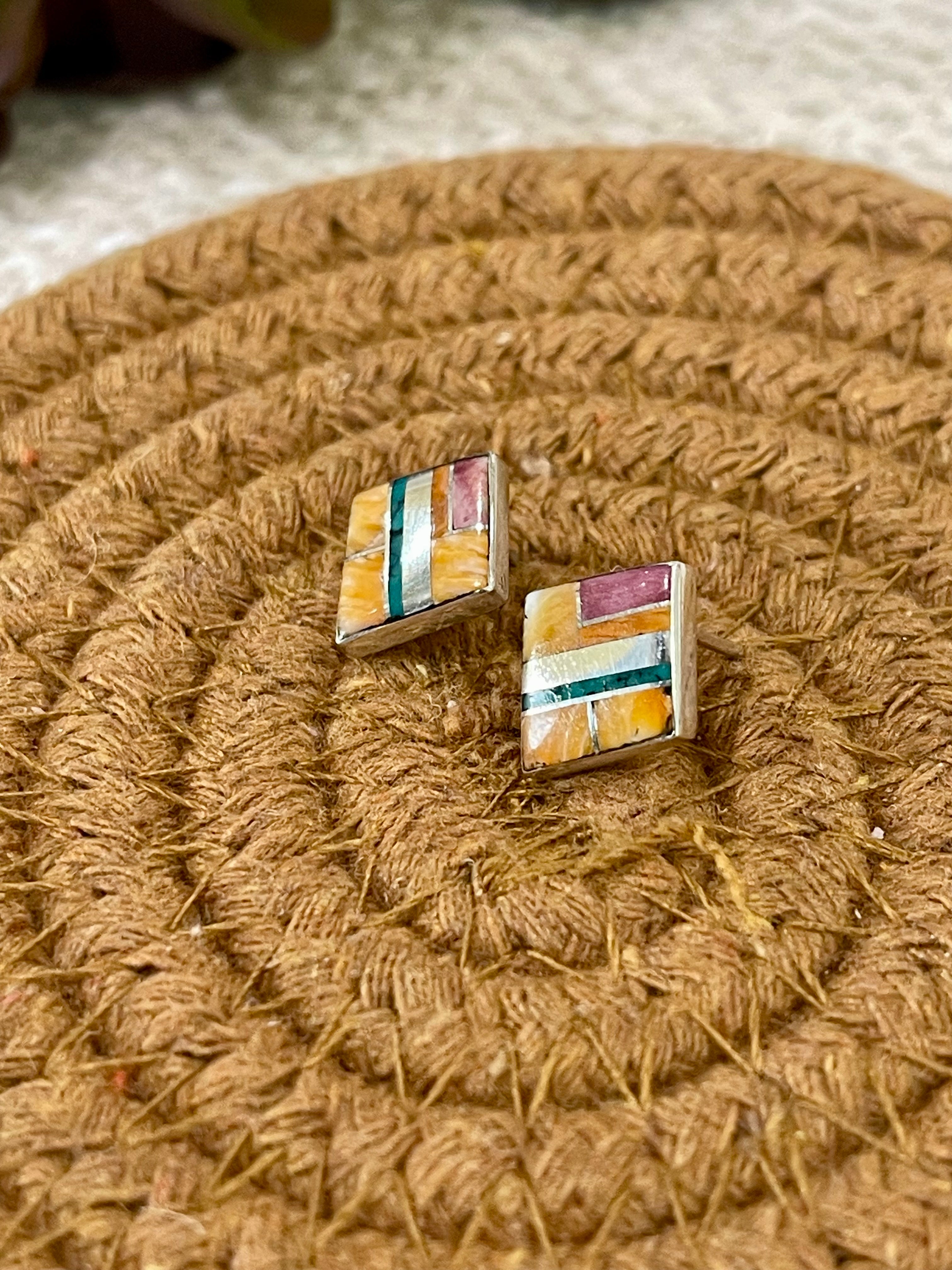 Beautiful Handmade Sterling Silver & Multi Stone Inlay Stud Earrings