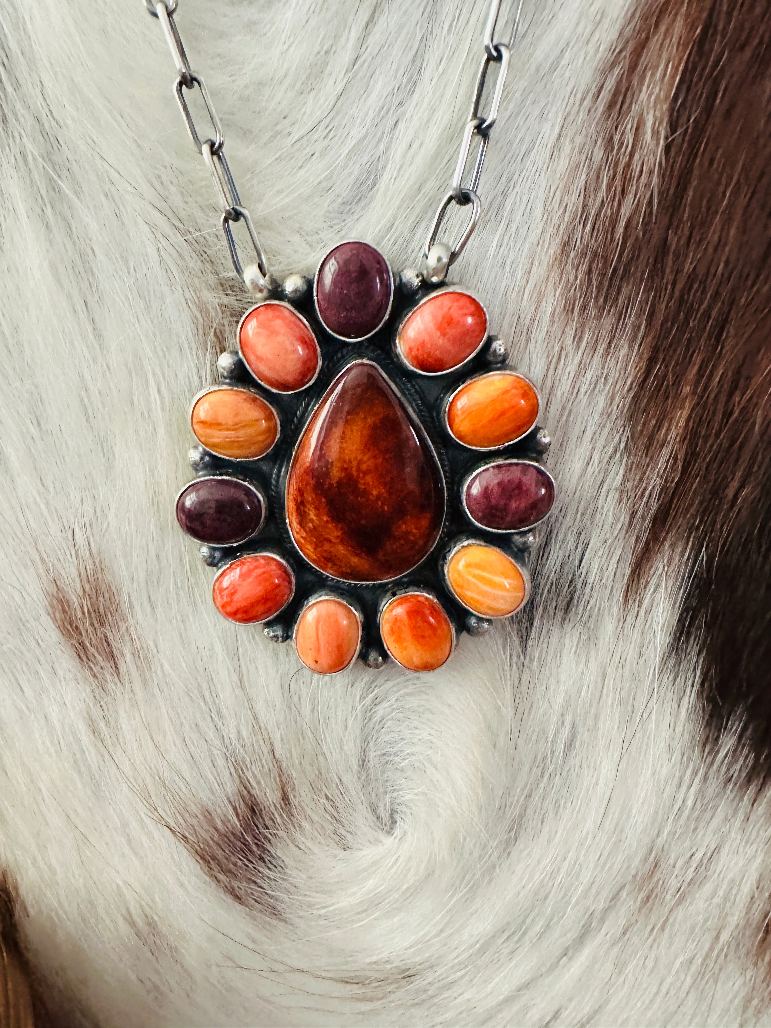 Handcrafted Multicolor Spiny Oyster & Sterling Silver Cluster Necklace by Sheila Becenti