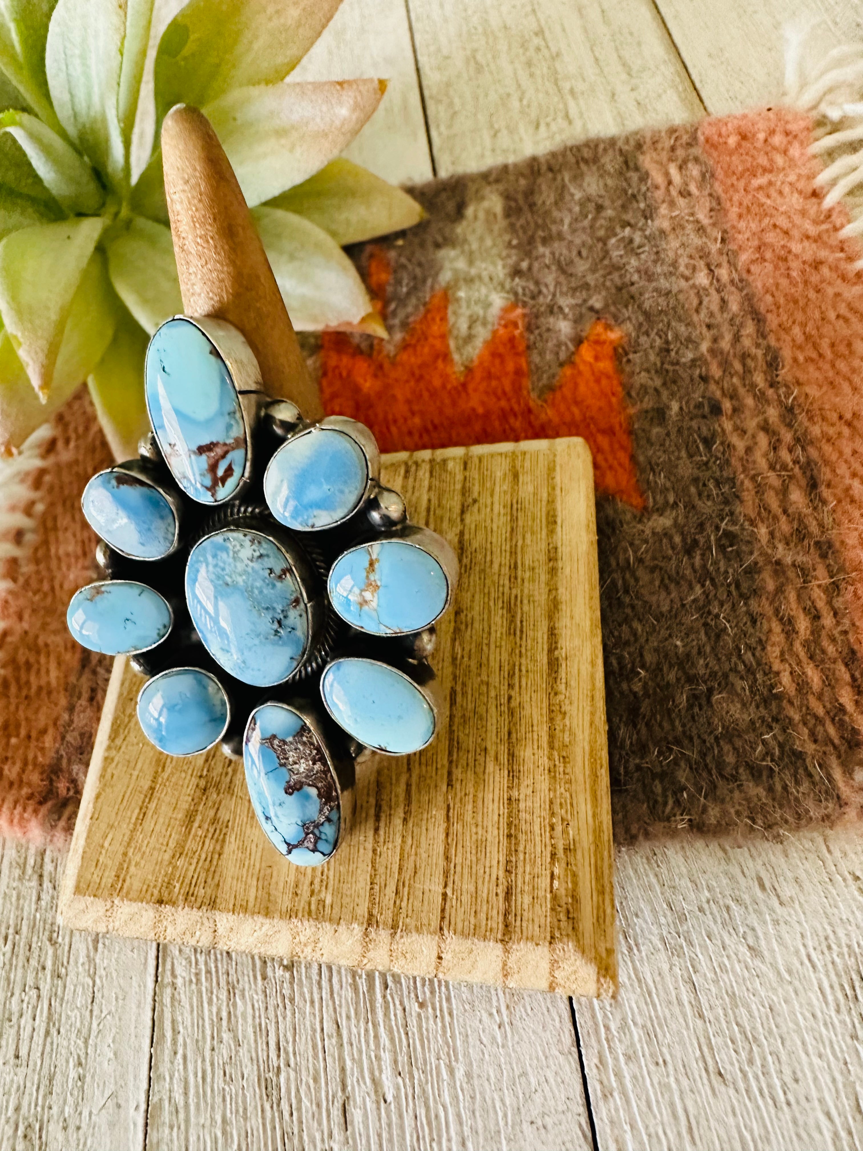 Navajo Golden Hills Turquoise & Sterling Silver Cluster Ring Size 9.5