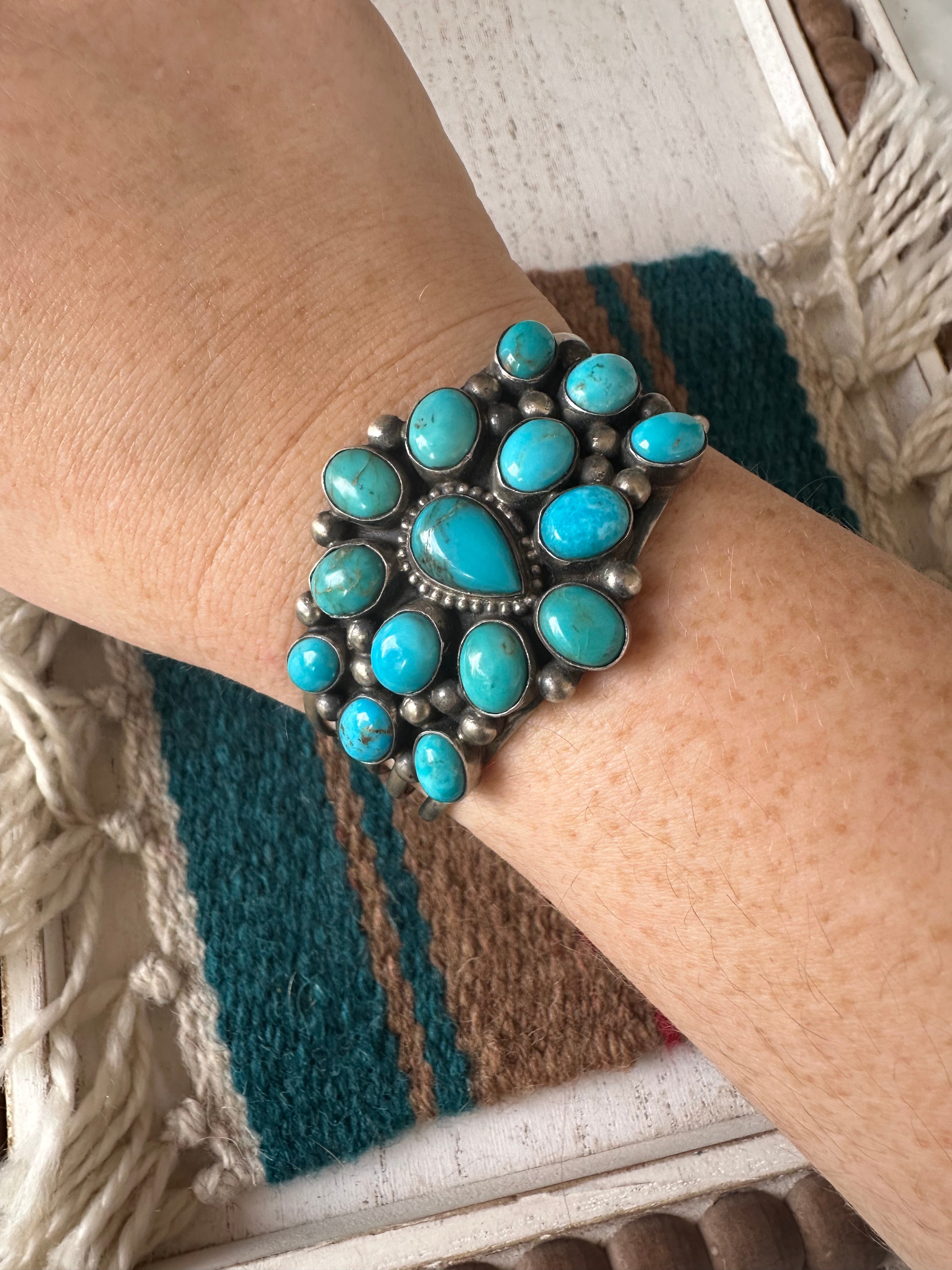 Beautiful Handcrafted Turquoise & Sterling Silver Cuff Bracelet Signed Kathleen G /