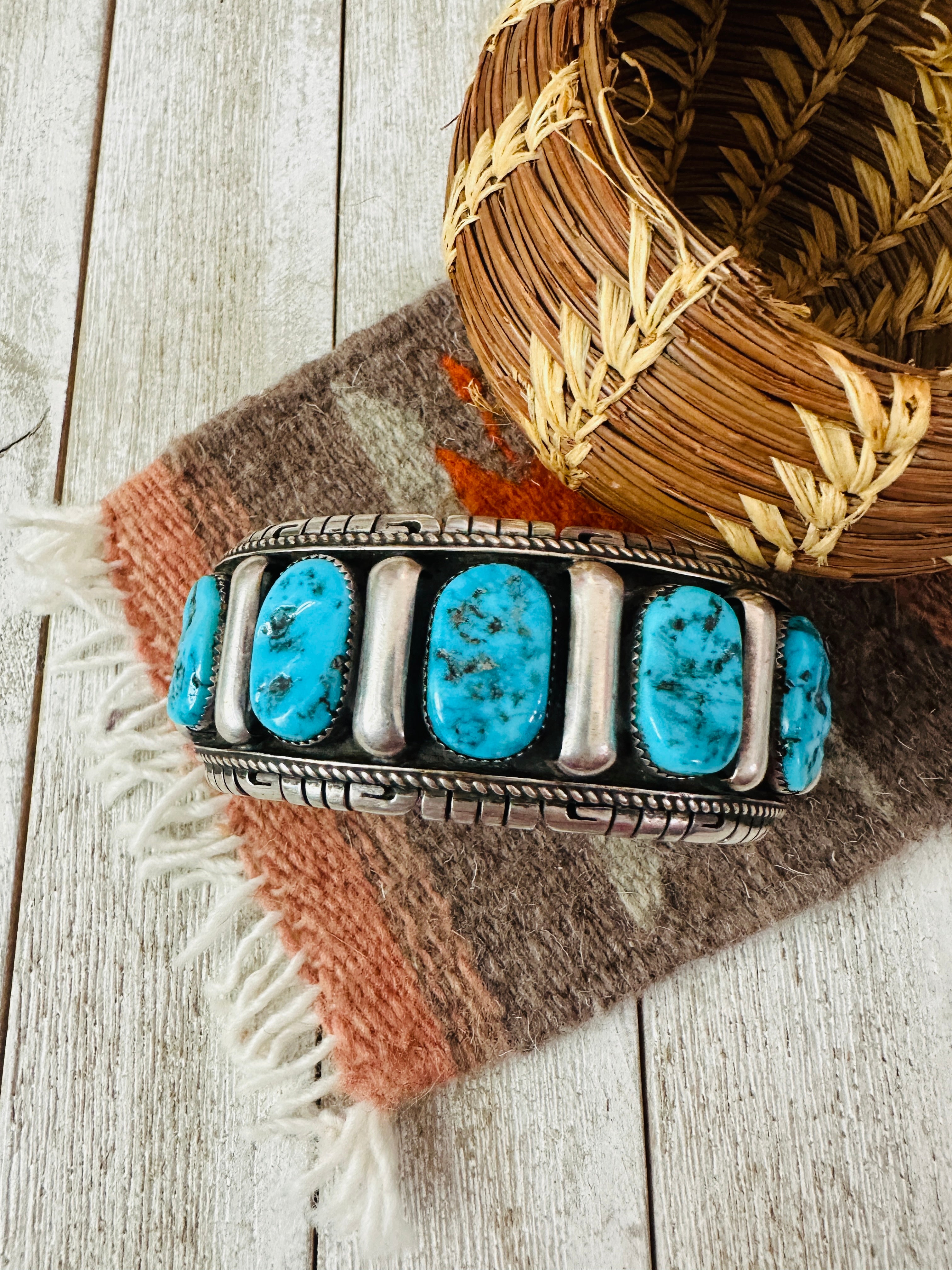 Handcrafted Old Pawn Kingman Turquoise Cluster & Sterling Silver Cuff Bracelet by Richard Hoskie /