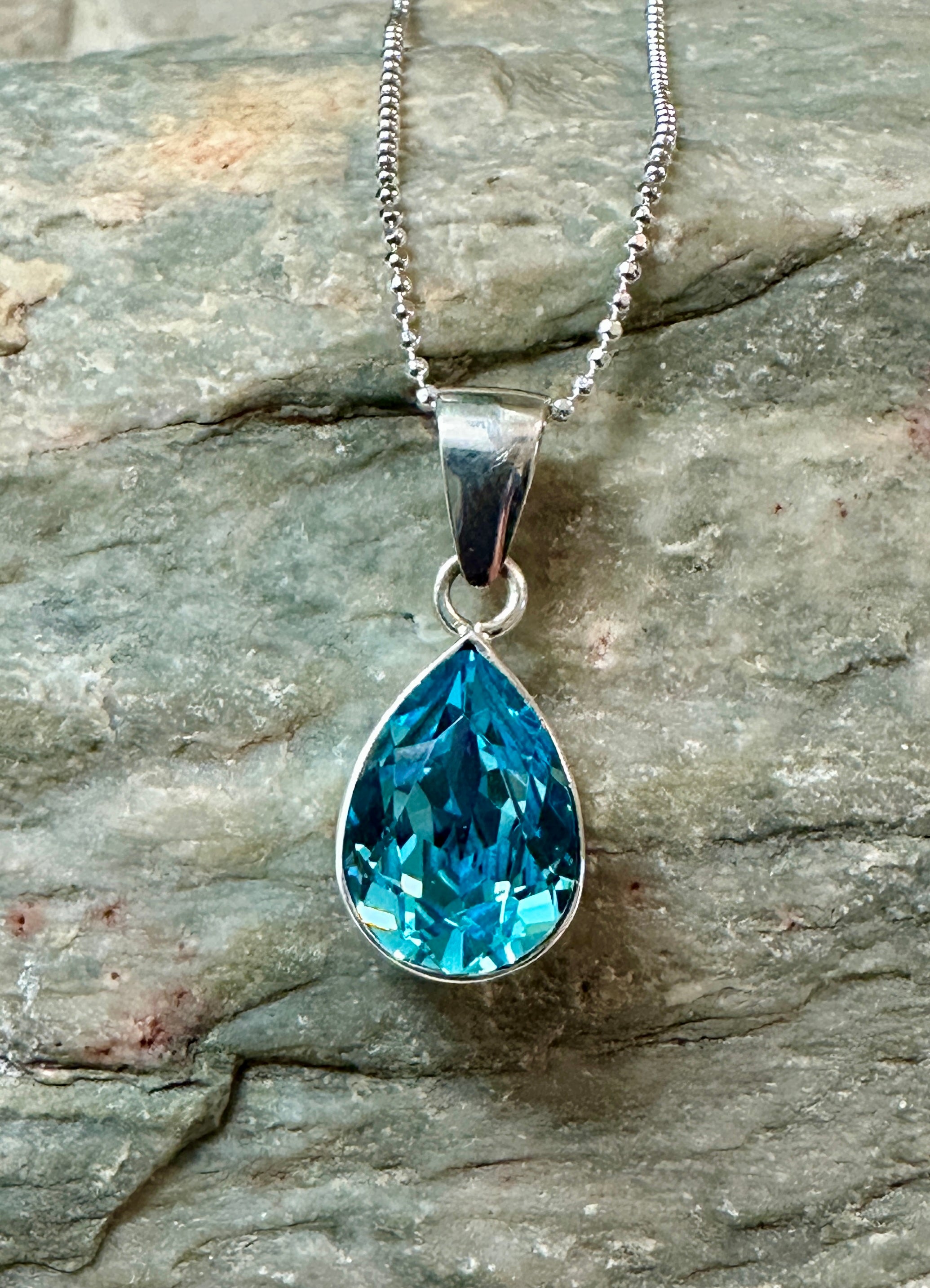 Aquamarine Blue Crystal Teardrop Sterling Silver Pendant Necklace
