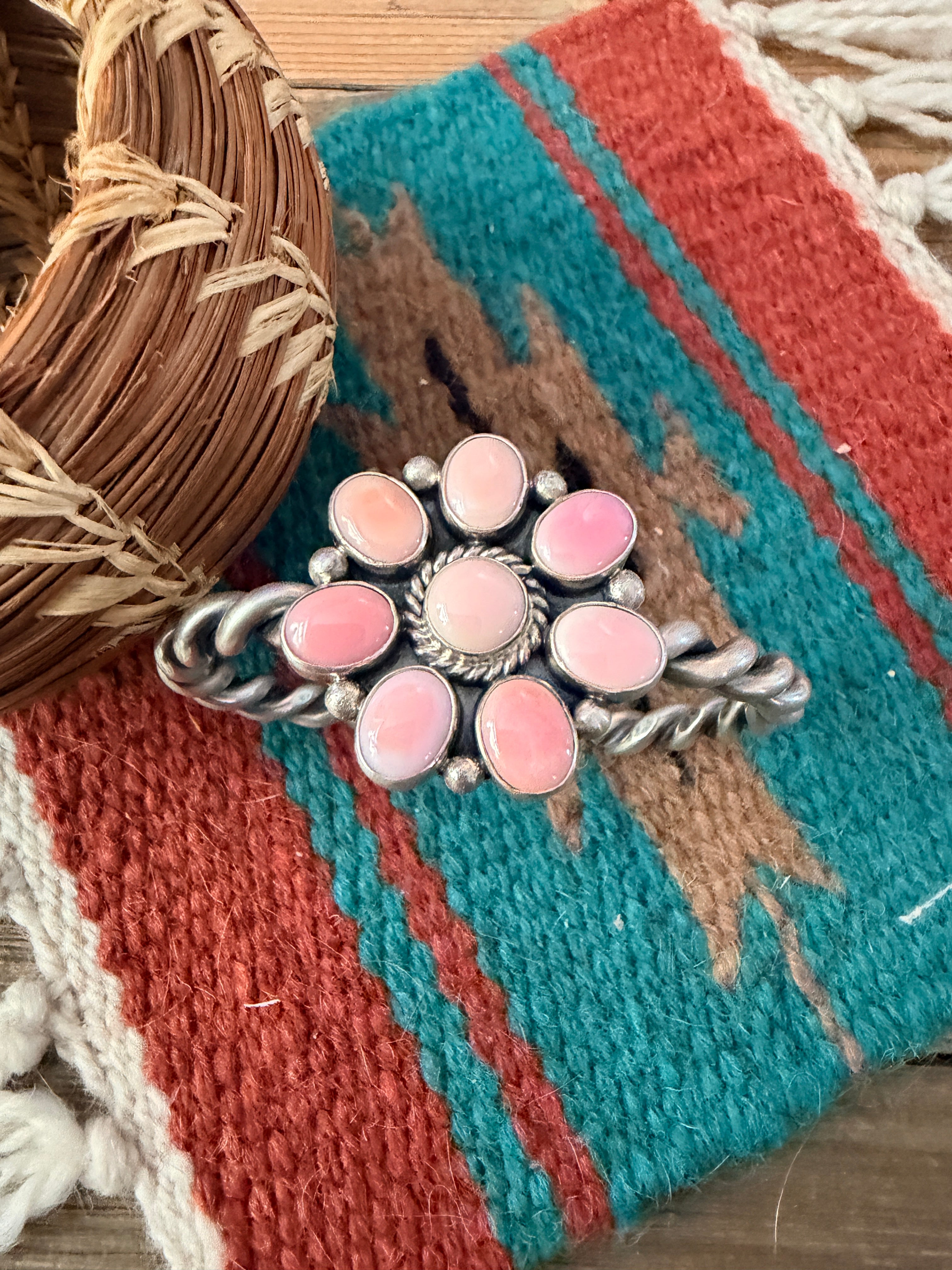 Handcrafted Old Pawn Sterling Silver & Queen Pink Conch Cluster Cuff Bracelet