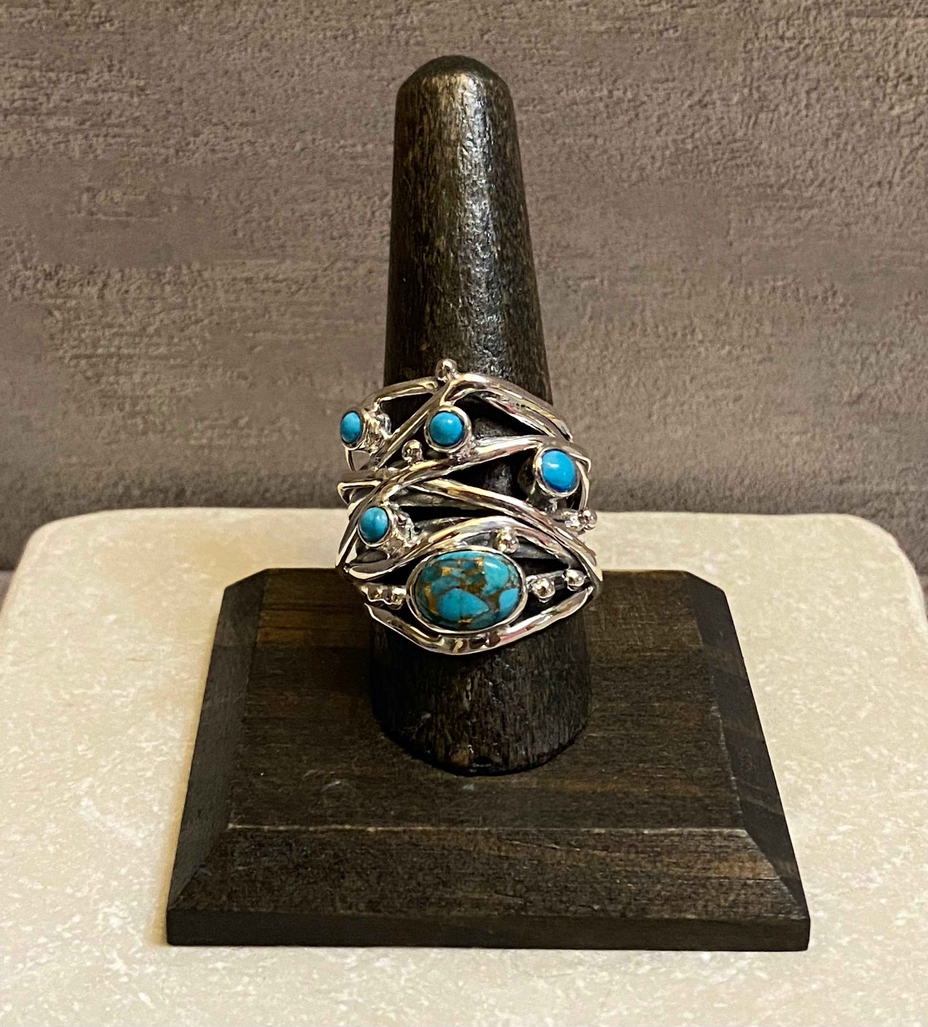 Sterling Silver Five Stone Copper Turquoise Strand Ring Size 9.5