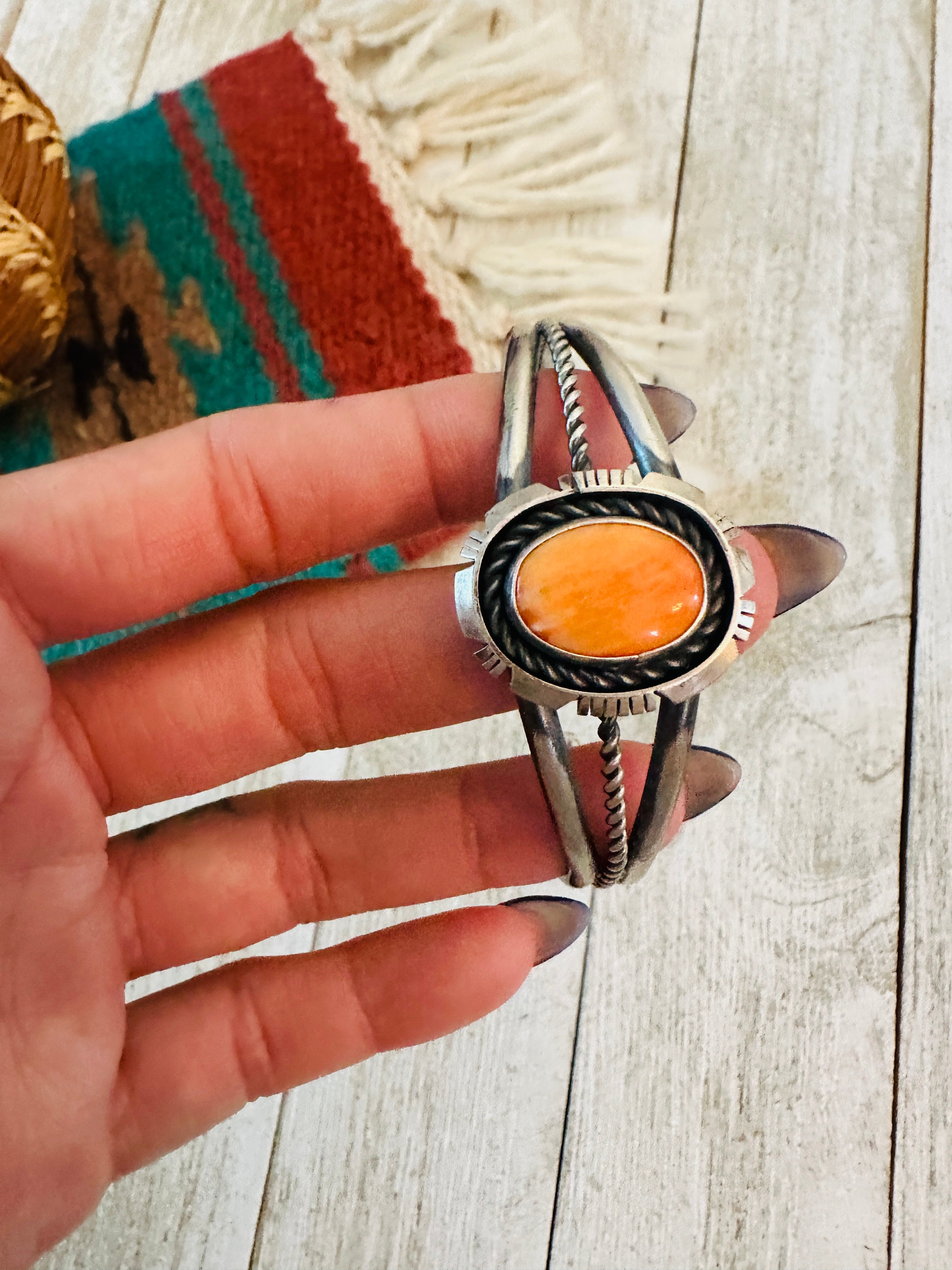 Handcrafted Sterling Silver & Orange Spiny Cuff Bracelet by Eli Skeets