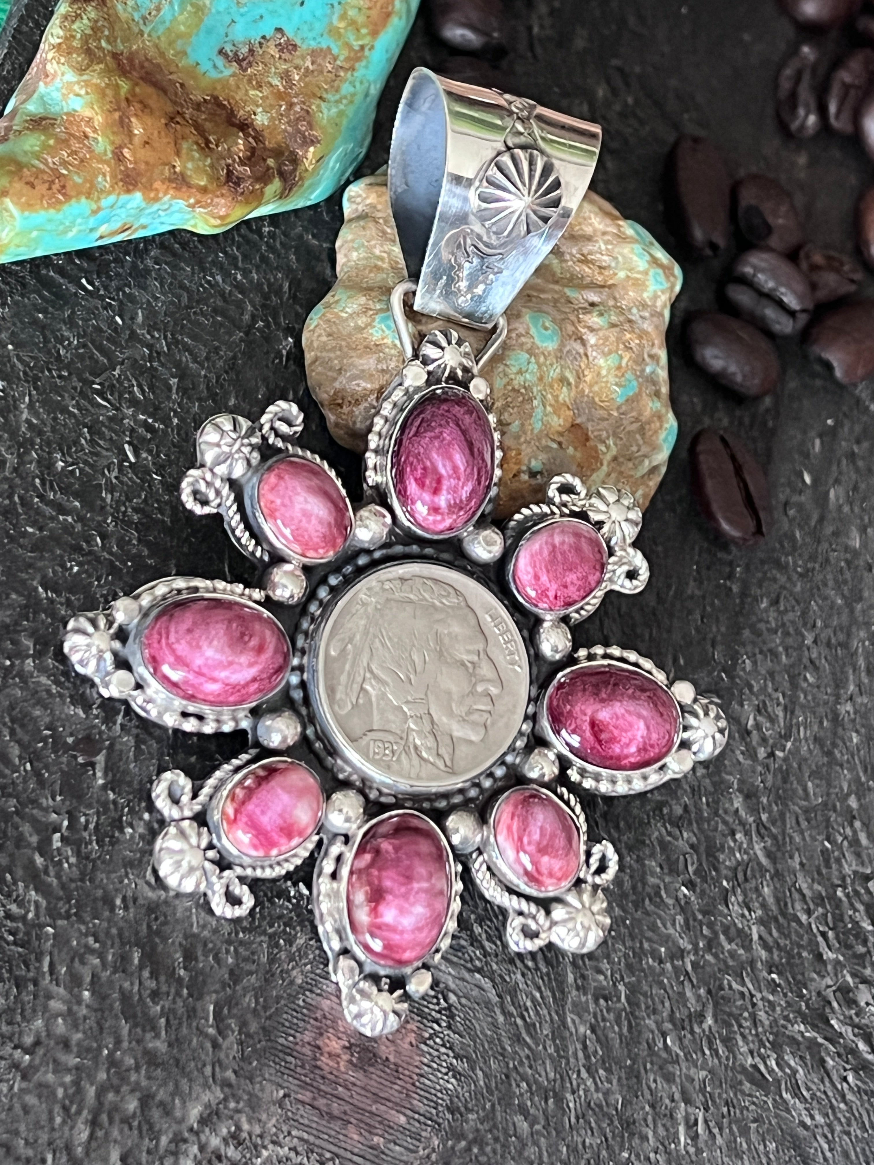 Sterling Silver, Indian Head Nickel and Purple Spiny Oyster Shell Cluster Pendant by Rosella Paxson