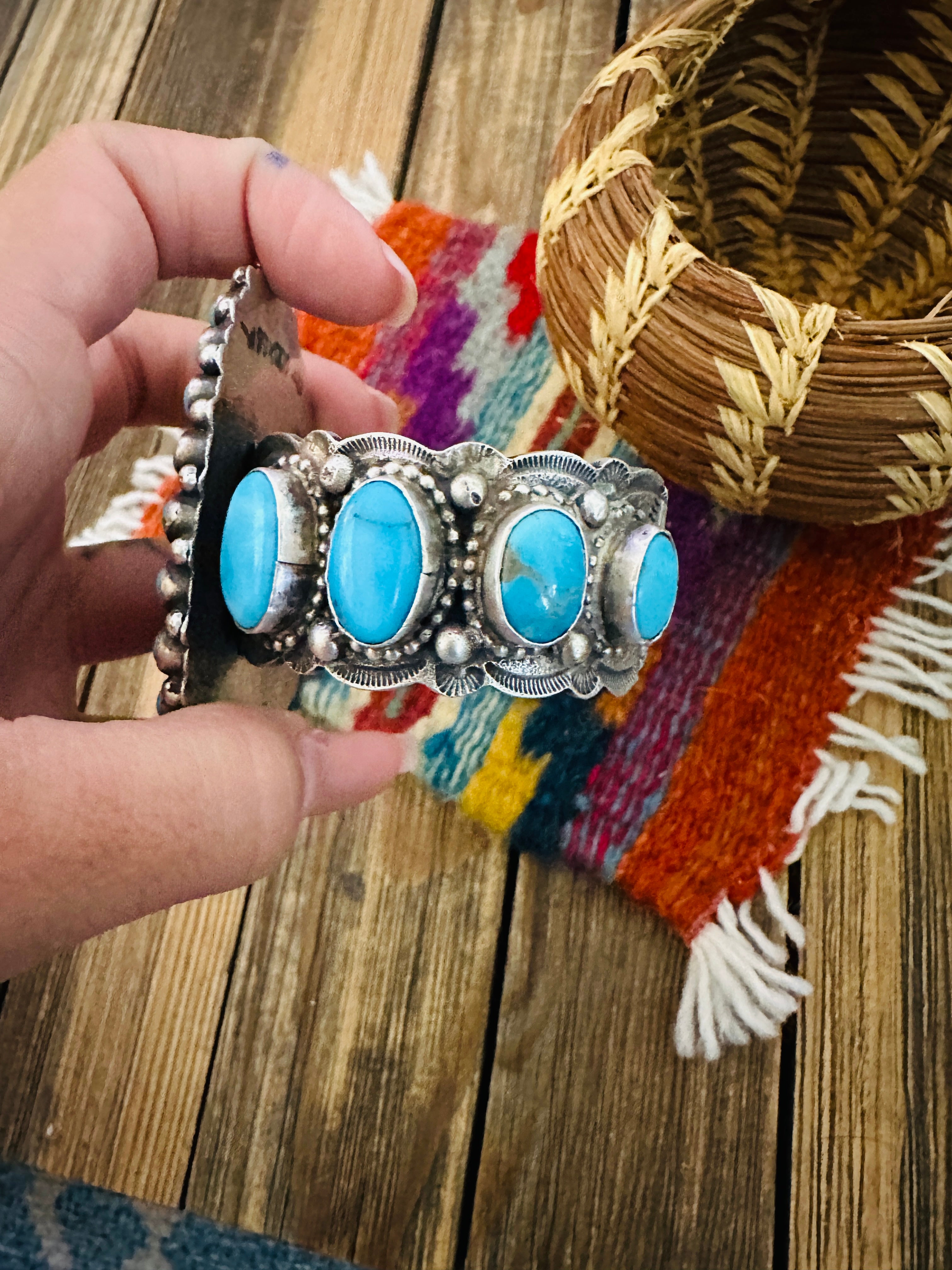 Handcrafted Sterling Silver & Turquoise Cluster Cuff Bracelet by Shawn Cayatineto